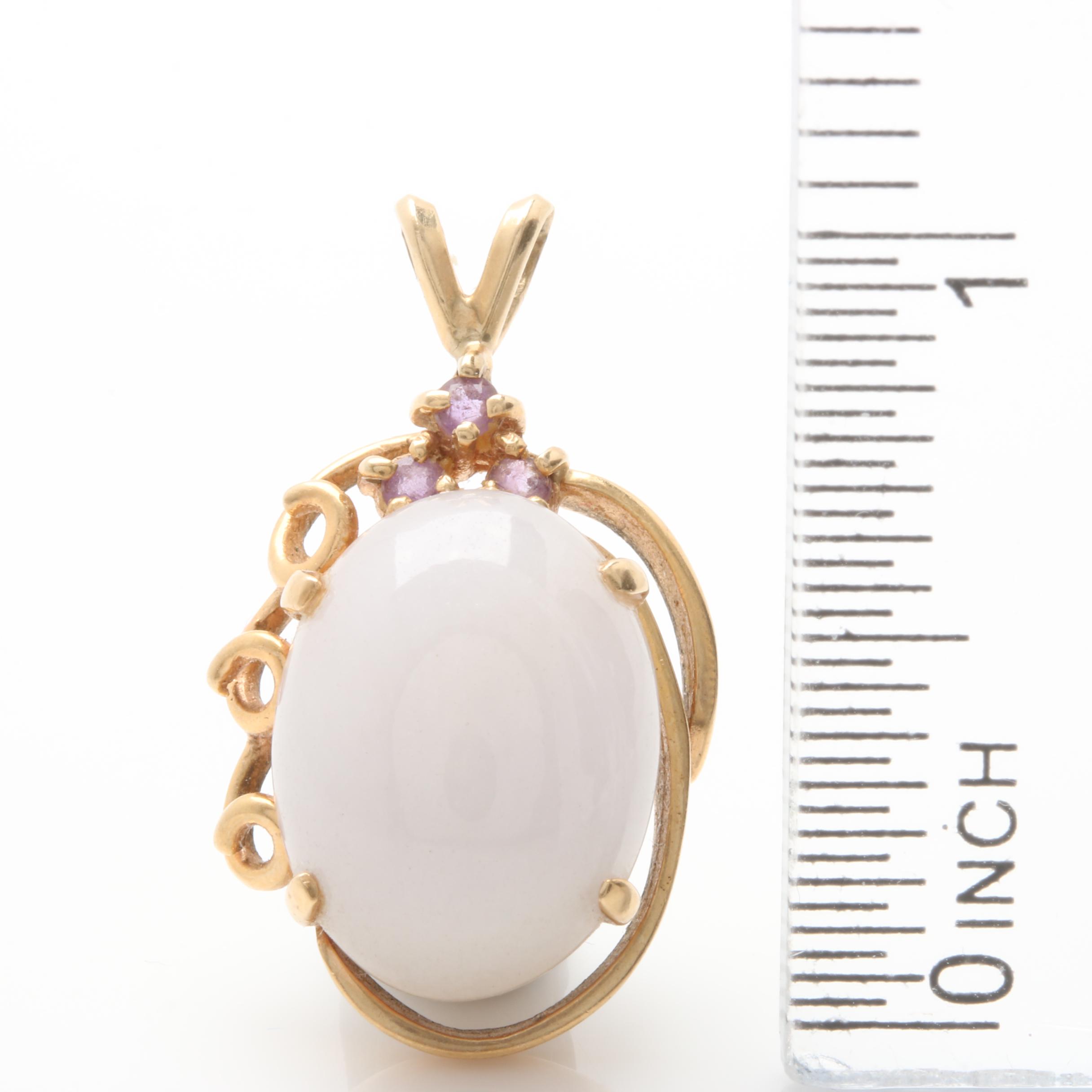 14K Yellow Gold Jadeite and Amethyst Pendant