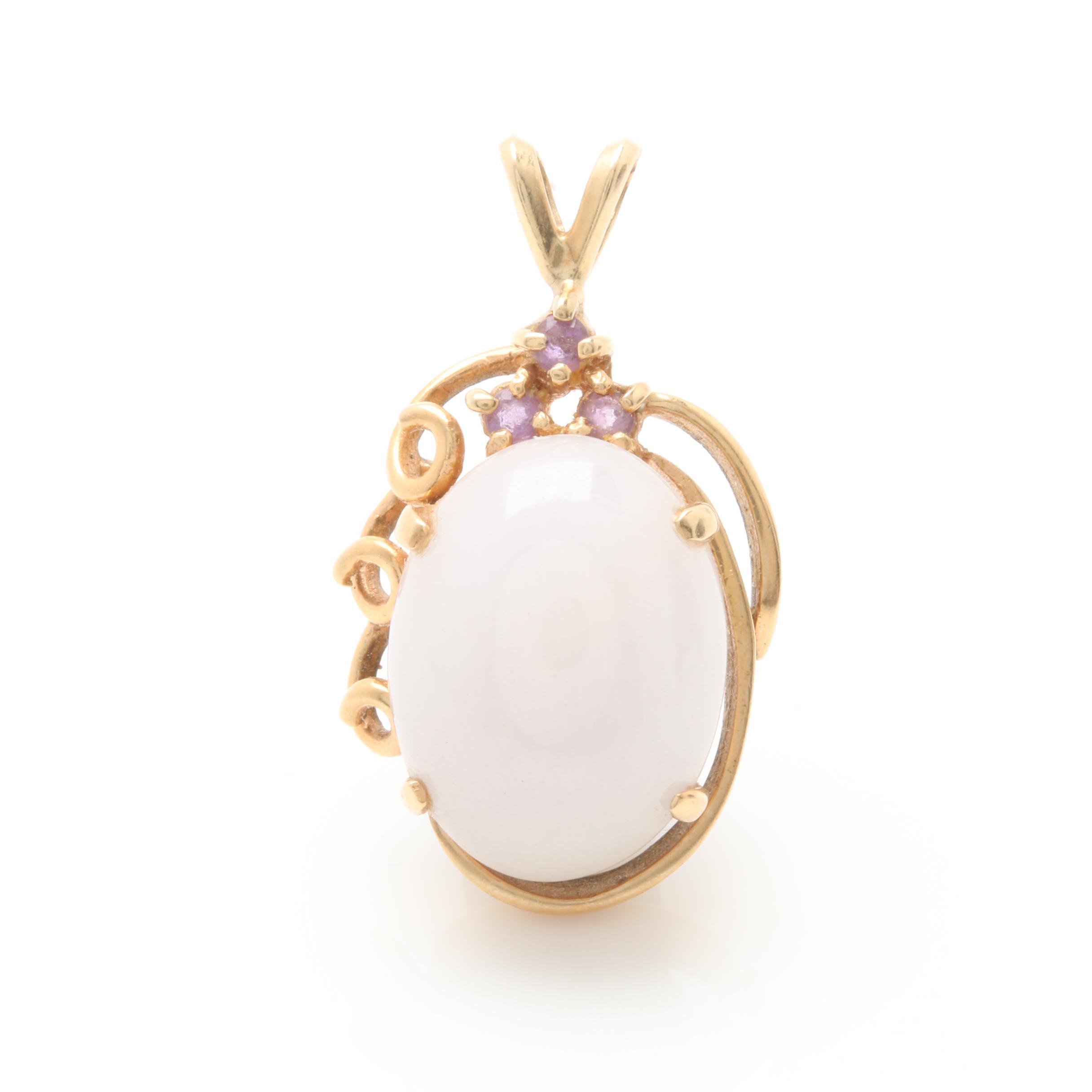 14K Yellow Gold Jadeite and Amethyst Pendant