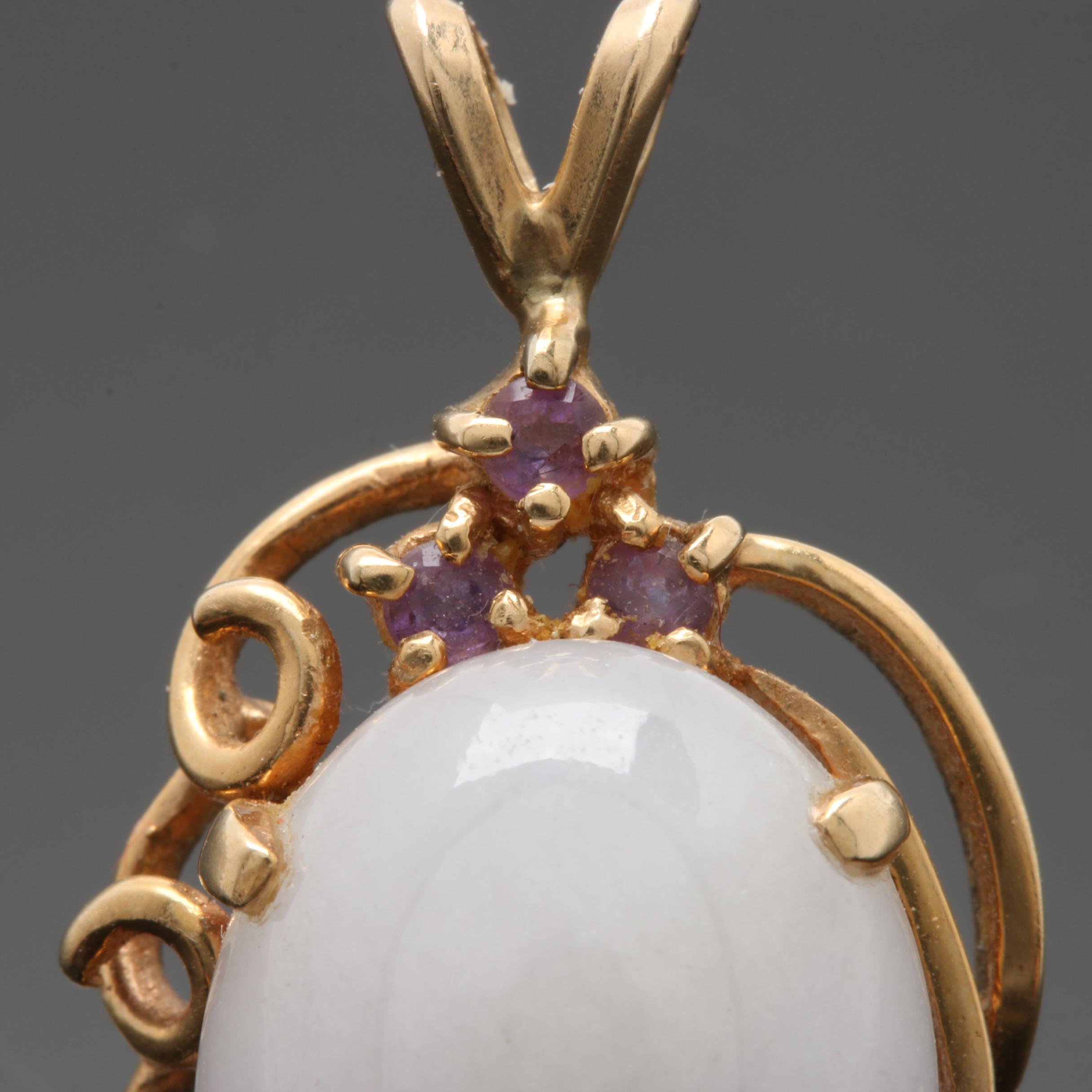 14K Yellow Gold Jadeite and Amethyst Pendant