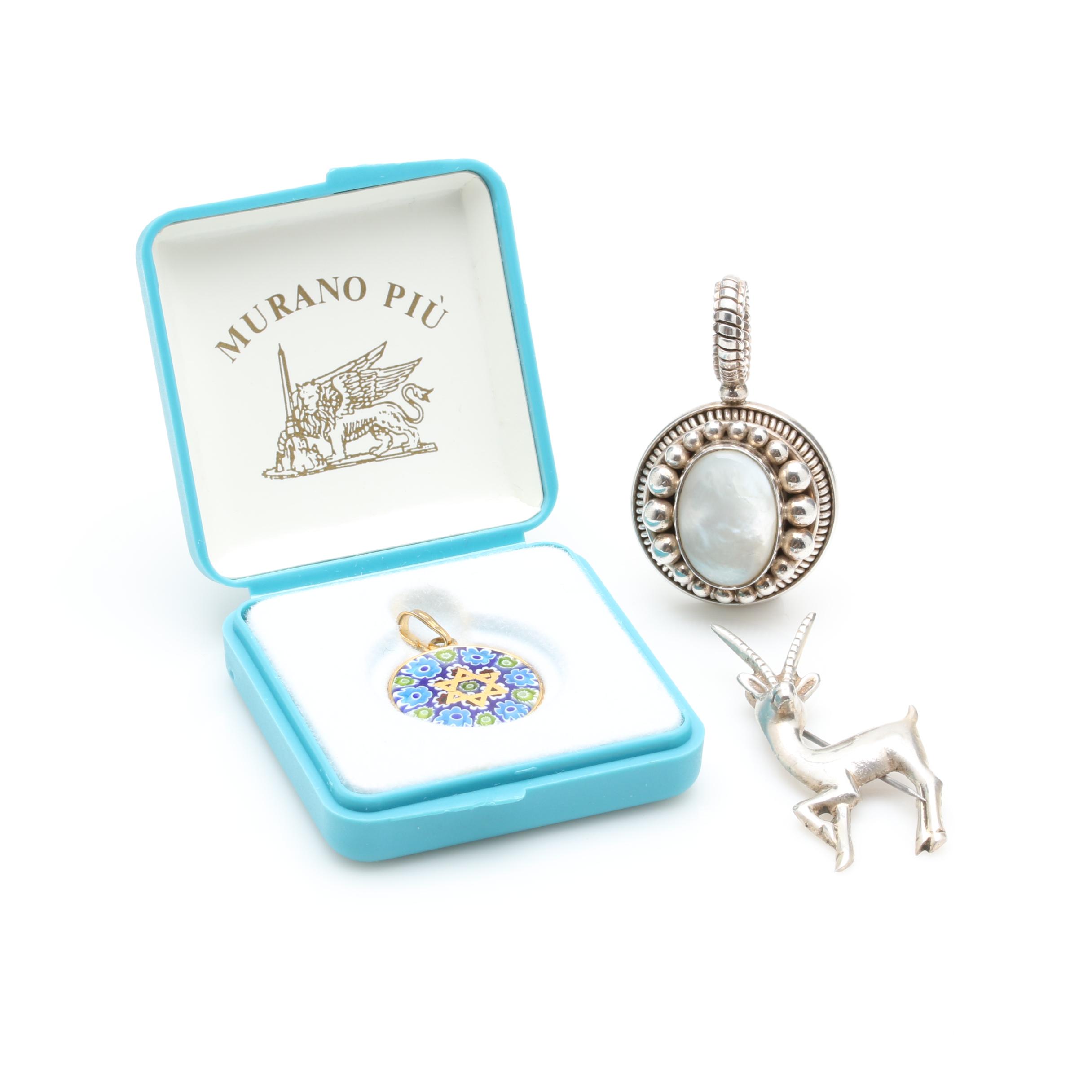 Sterling Silver Pendant Selection Including Murano Glass Star of David Pendant