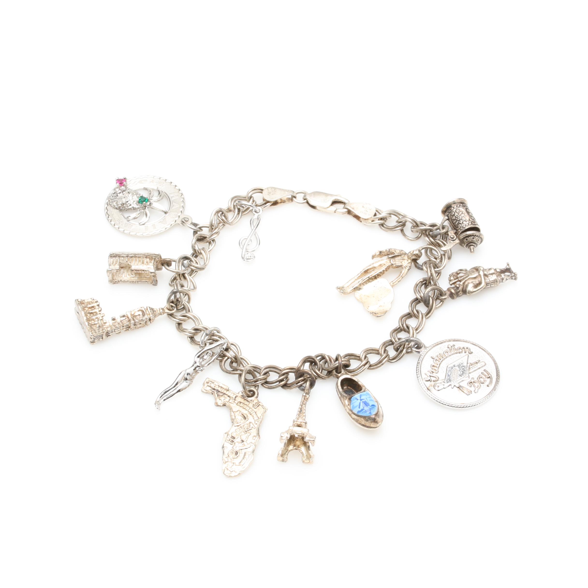 Sterling Silver Travel Theme Charm Bracelet Including Glass and Enamel