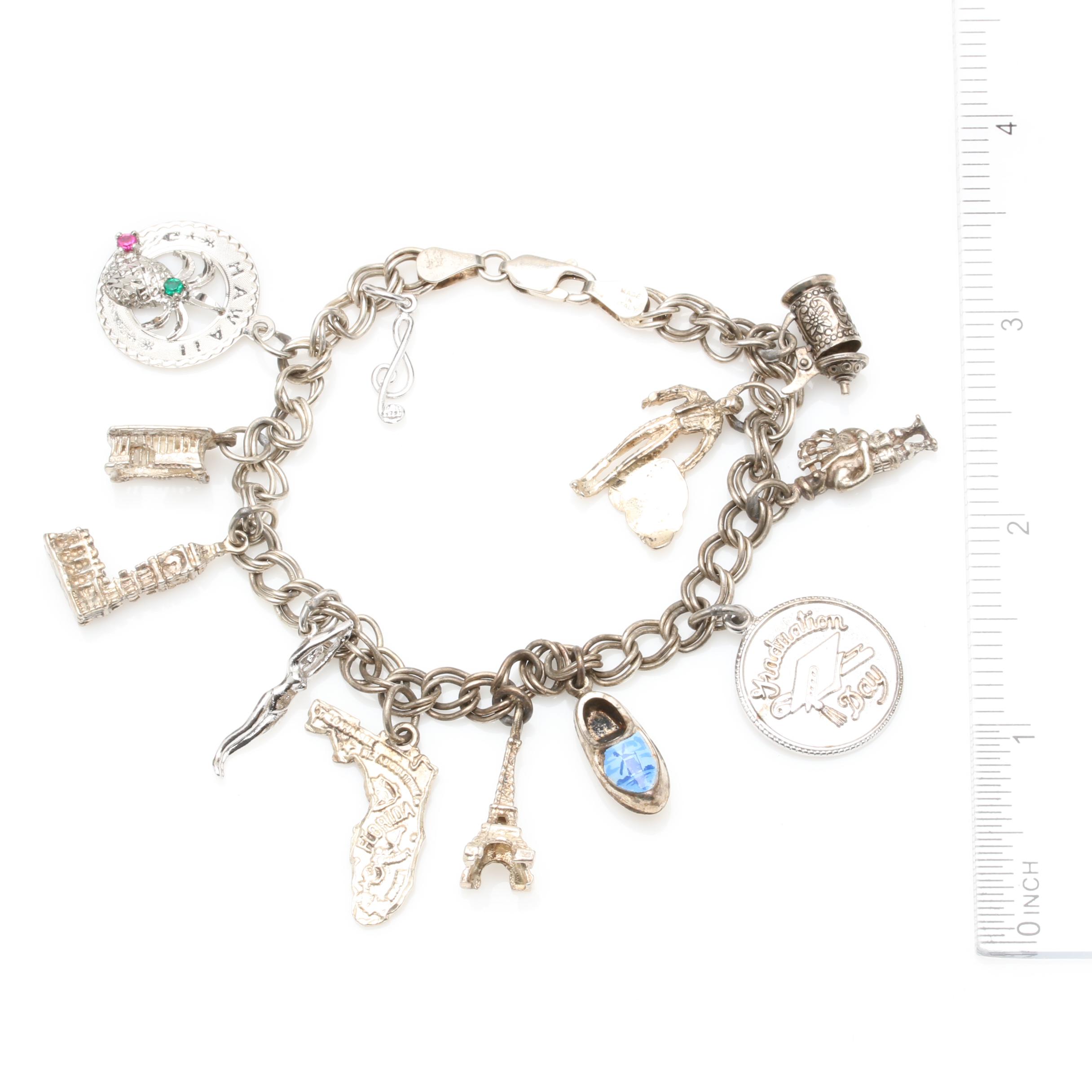 Sterling Silver Travel Theme Charm Bracelet Including Glass and Enamel