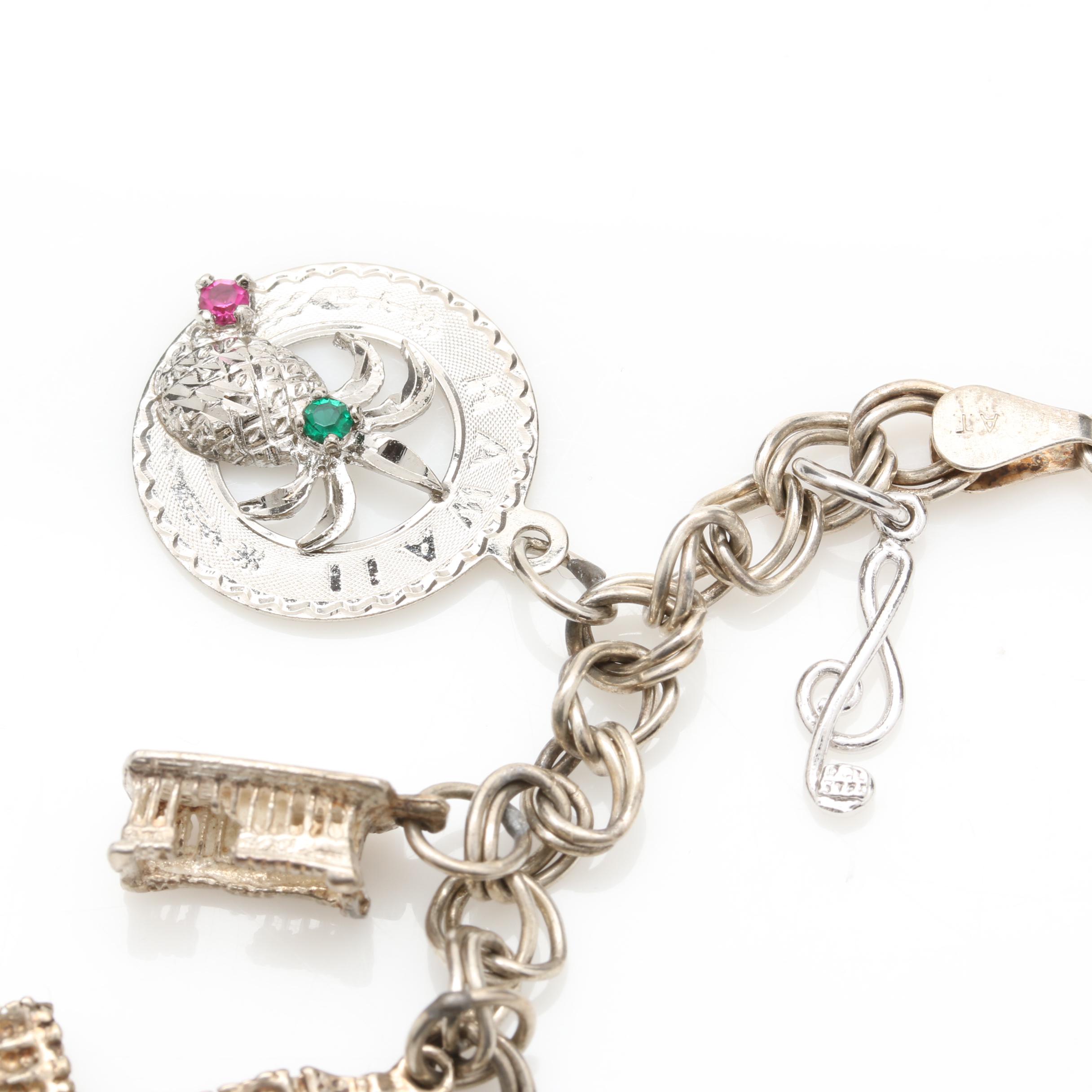 Sterling Silver Travel Theme Charm Bracelet Including Glass and Enamel