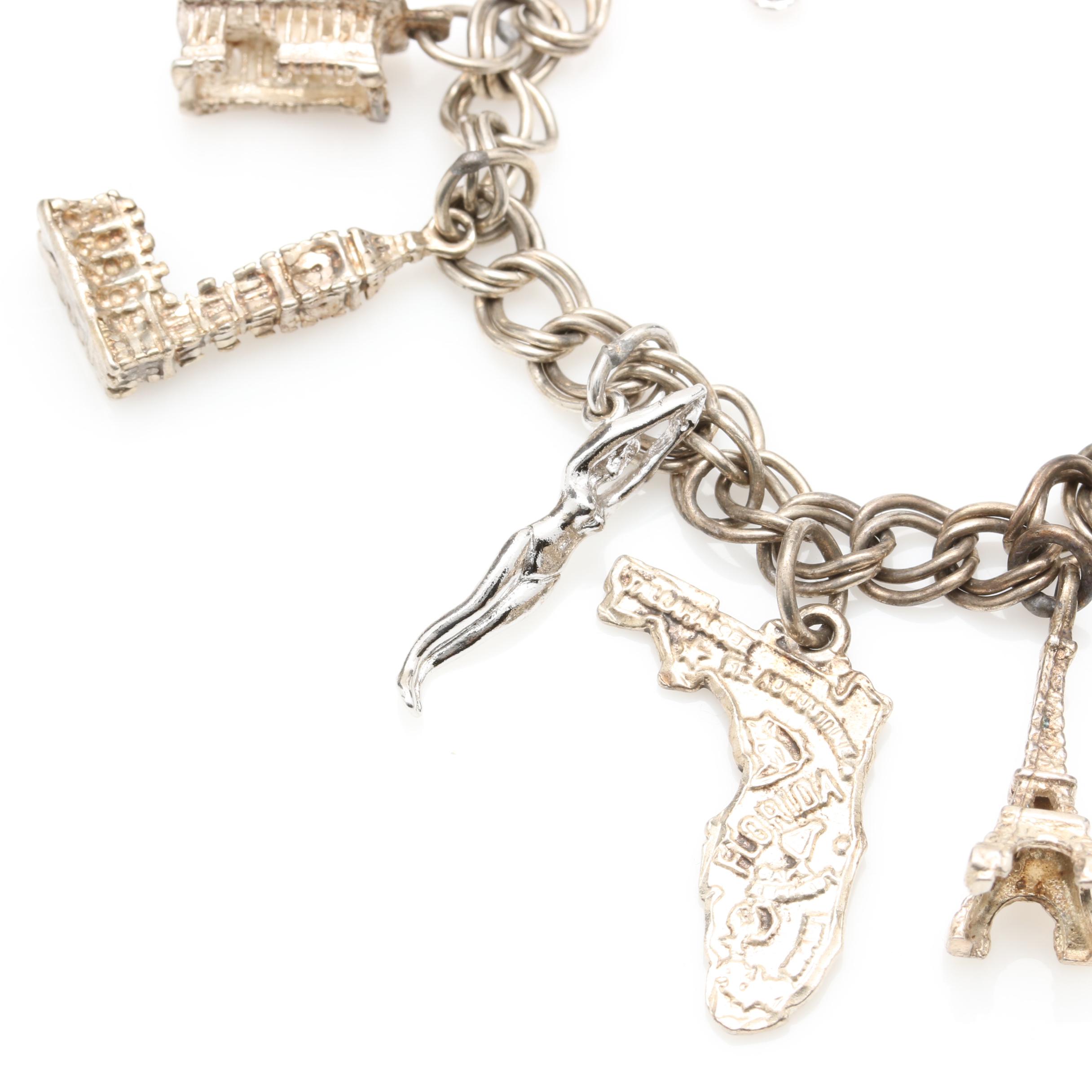 Sterling Silver Travel Theme Charm Bracelet Including Glass and Enamel