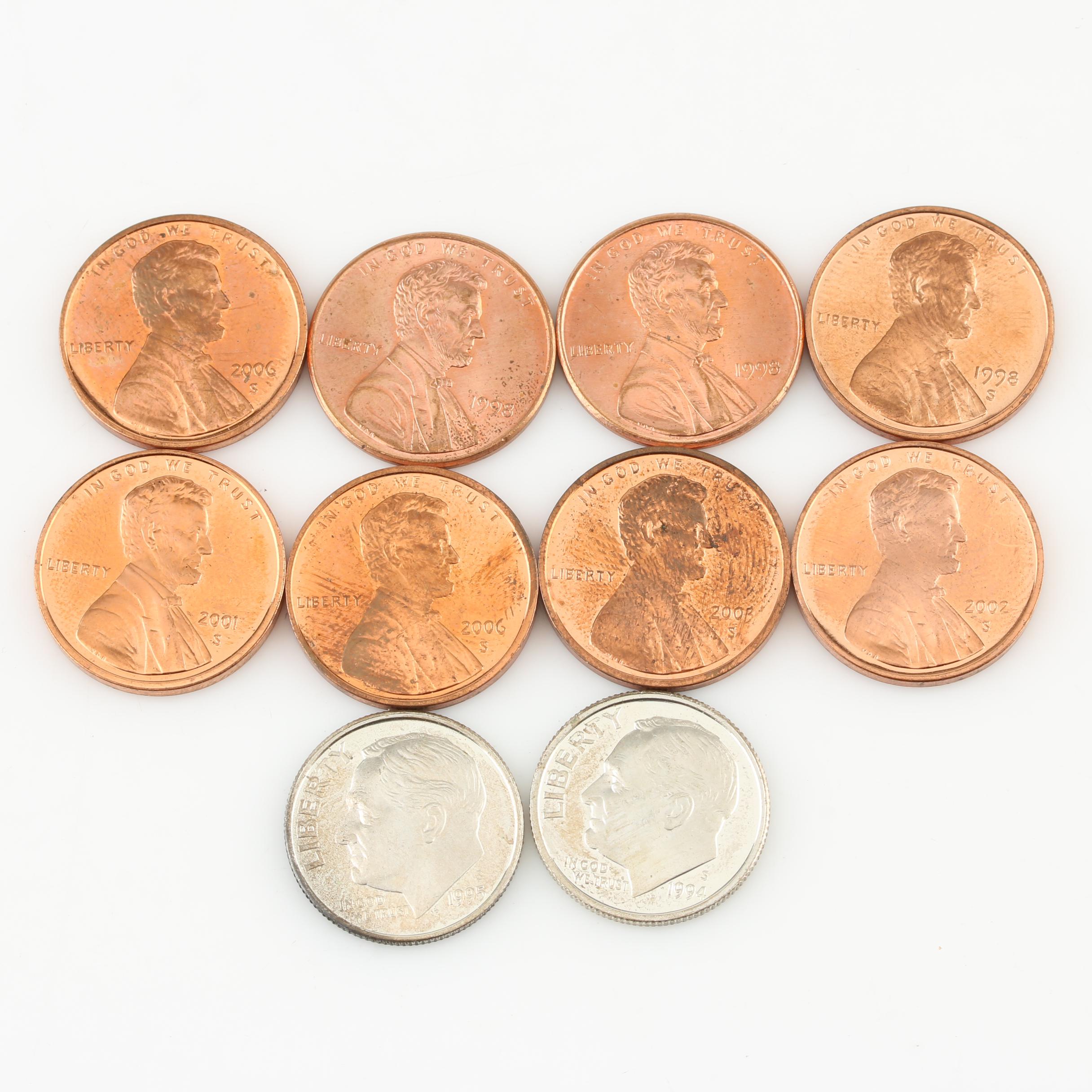 Group of Modern Lincoln Cents and Roosevelt Dimes