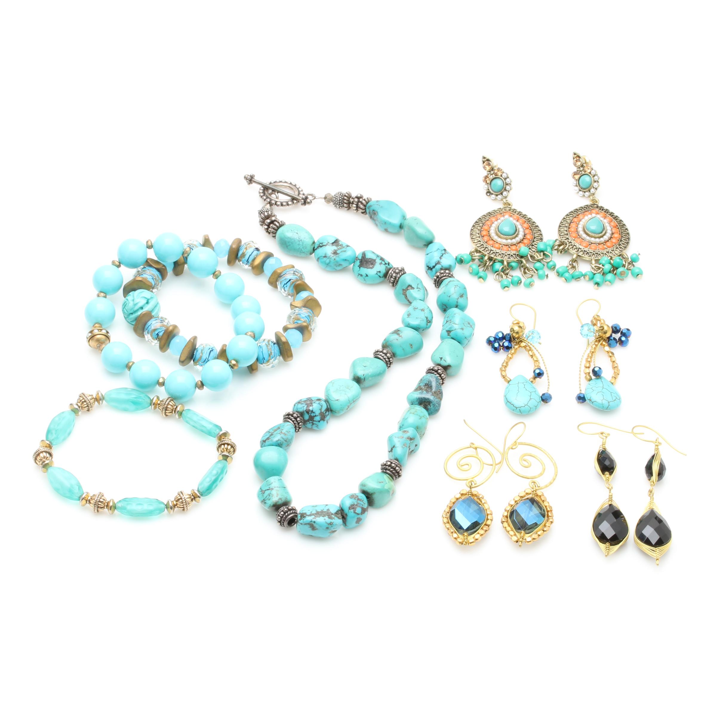 Turquoise, Howlite and Glass Jewelry Selection Including Sterling Silver