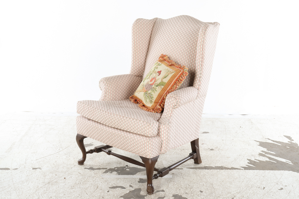 Vintage Queen Anne Style Upholstered Wingback Armchair by Ethan Allen