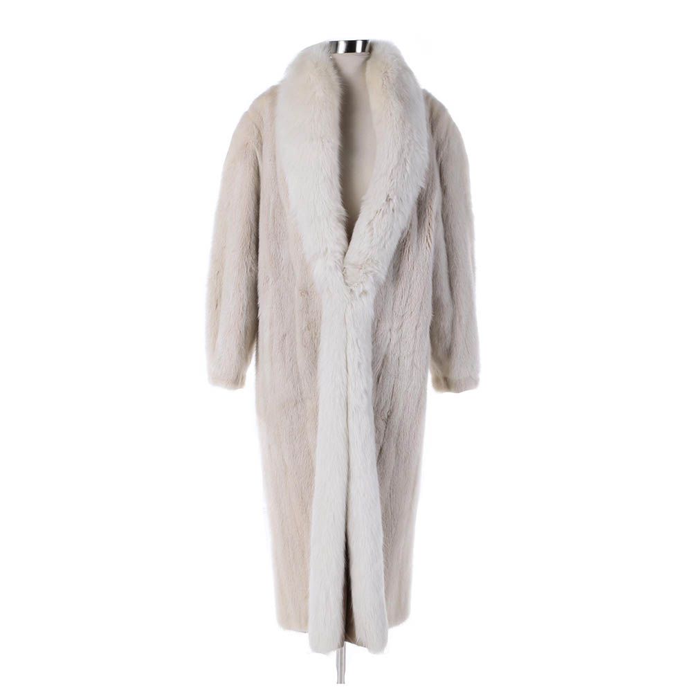 Women's Reversible Platinum Mink Fur Coat with Fox Fur Tuxedo Collar