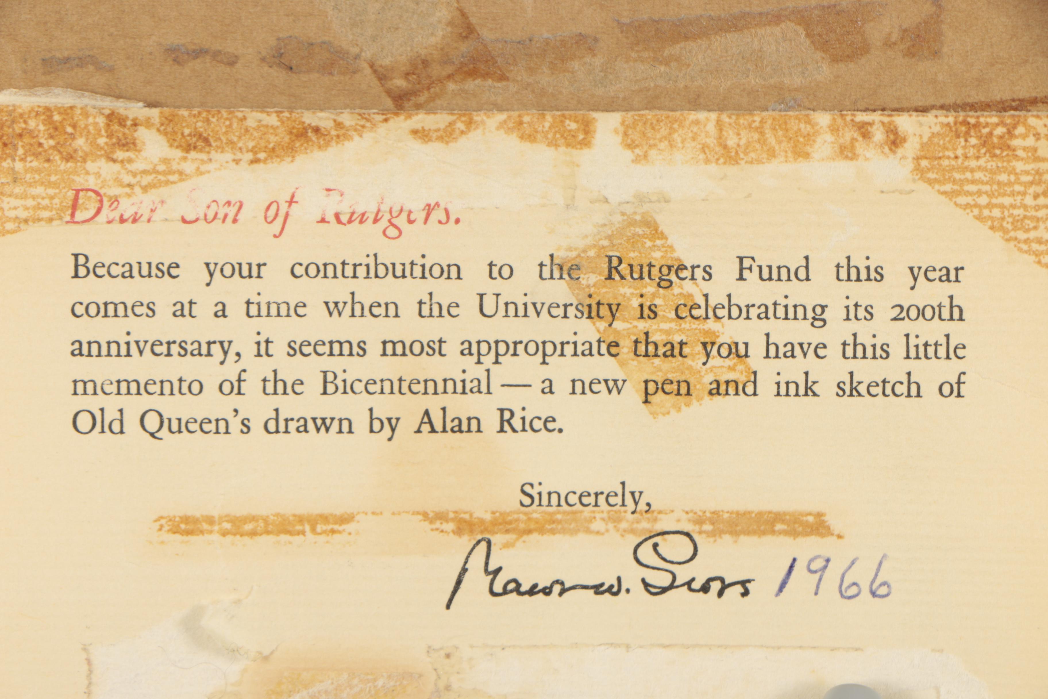 1966 Lithograph After Alan Rice of Old Queens Building at Rutgers University