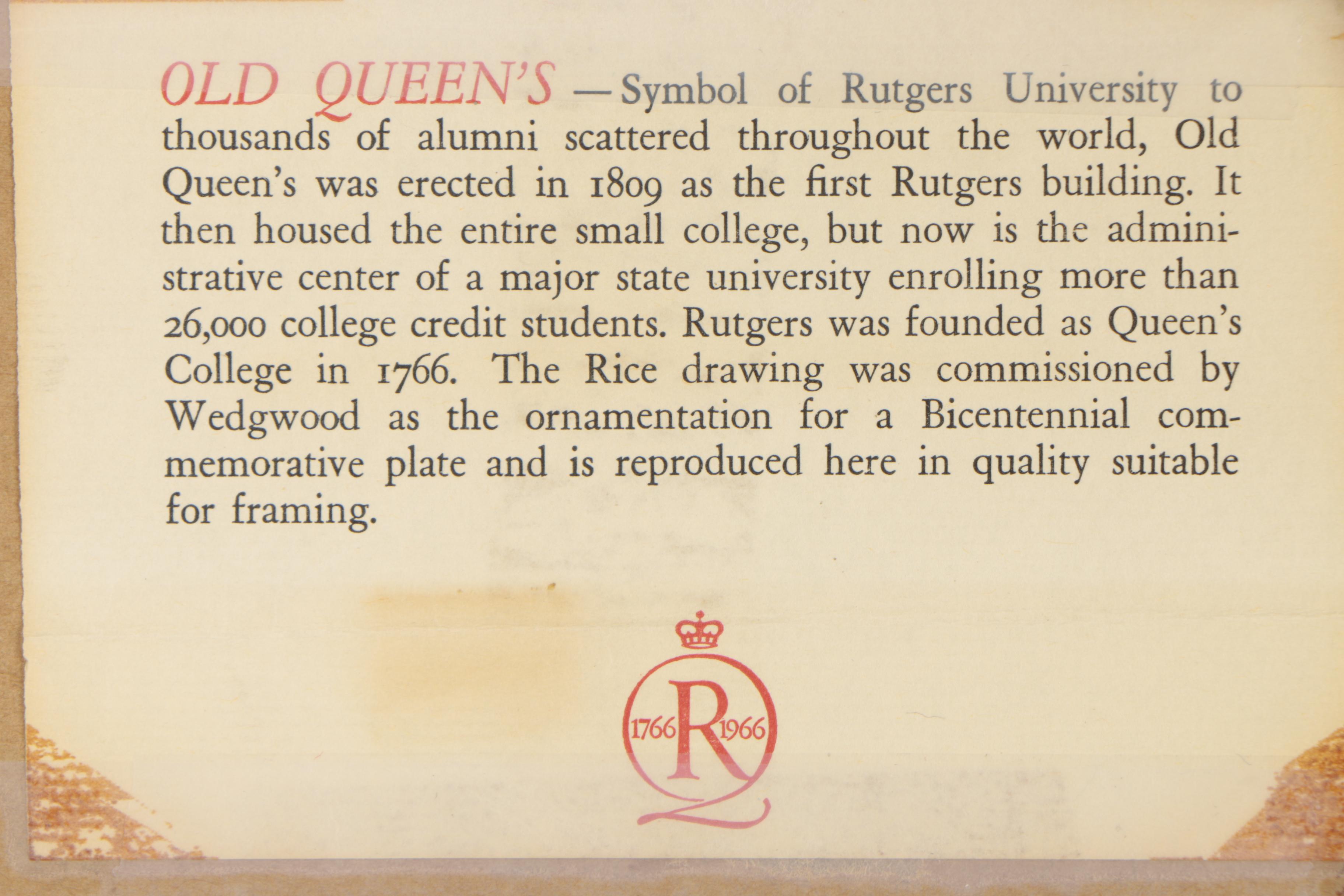 1966 Lithograph After Alan Rice of Old Queens Building at Rutgers University