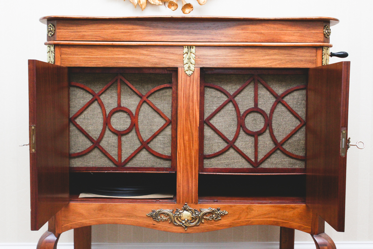 Vintage Gramophone Louis XV Style Wood Parquetry Cabinet