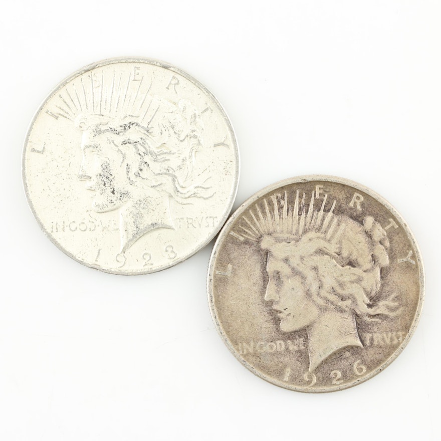 Group of Two Silver Peace Dollars: 1923 and 1926-S