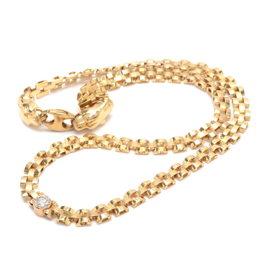 14K Yellow Gold Panther Link Diamond Necklace With Panther Head Clasp