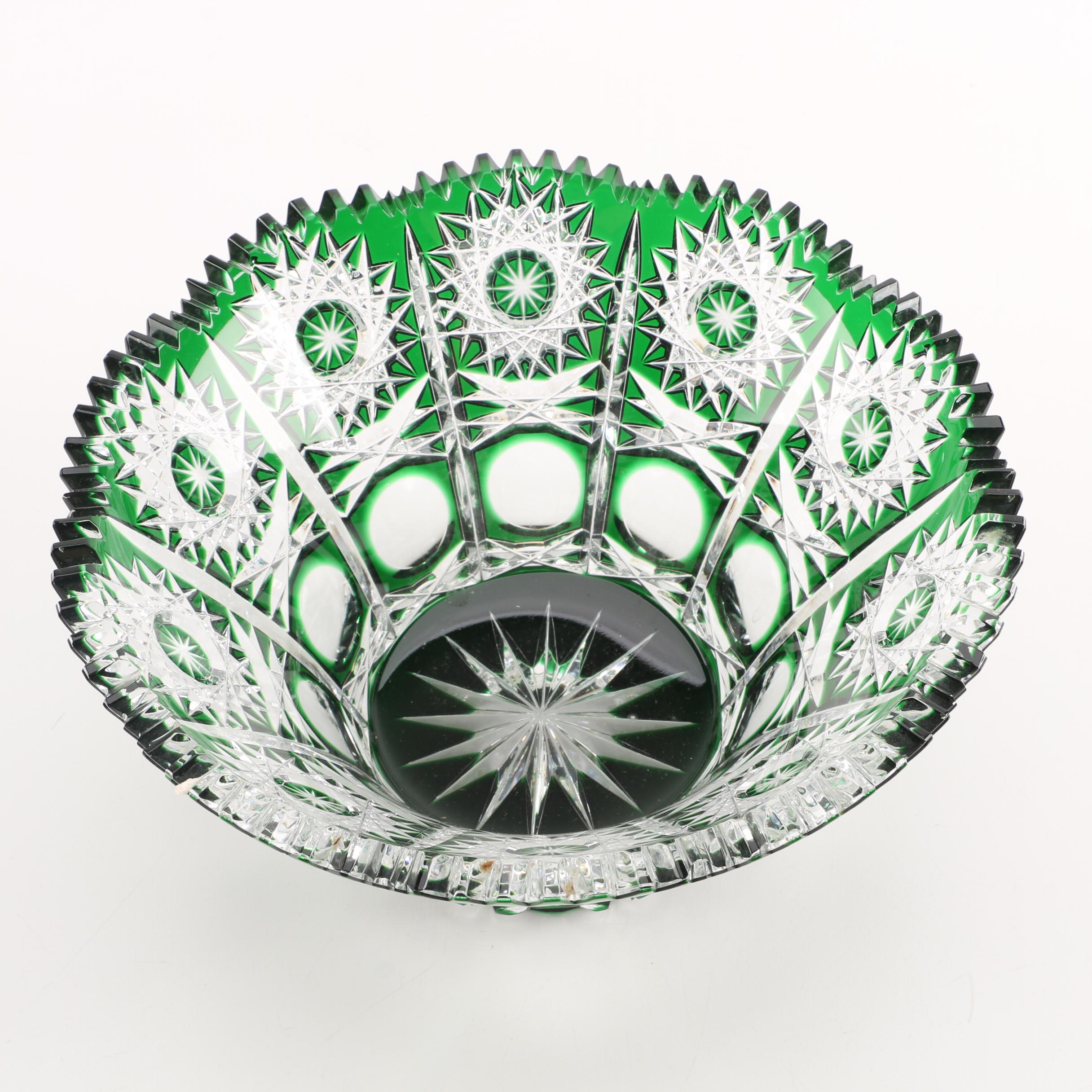 Bohemian Green Cut to Clear Crystal Bowl