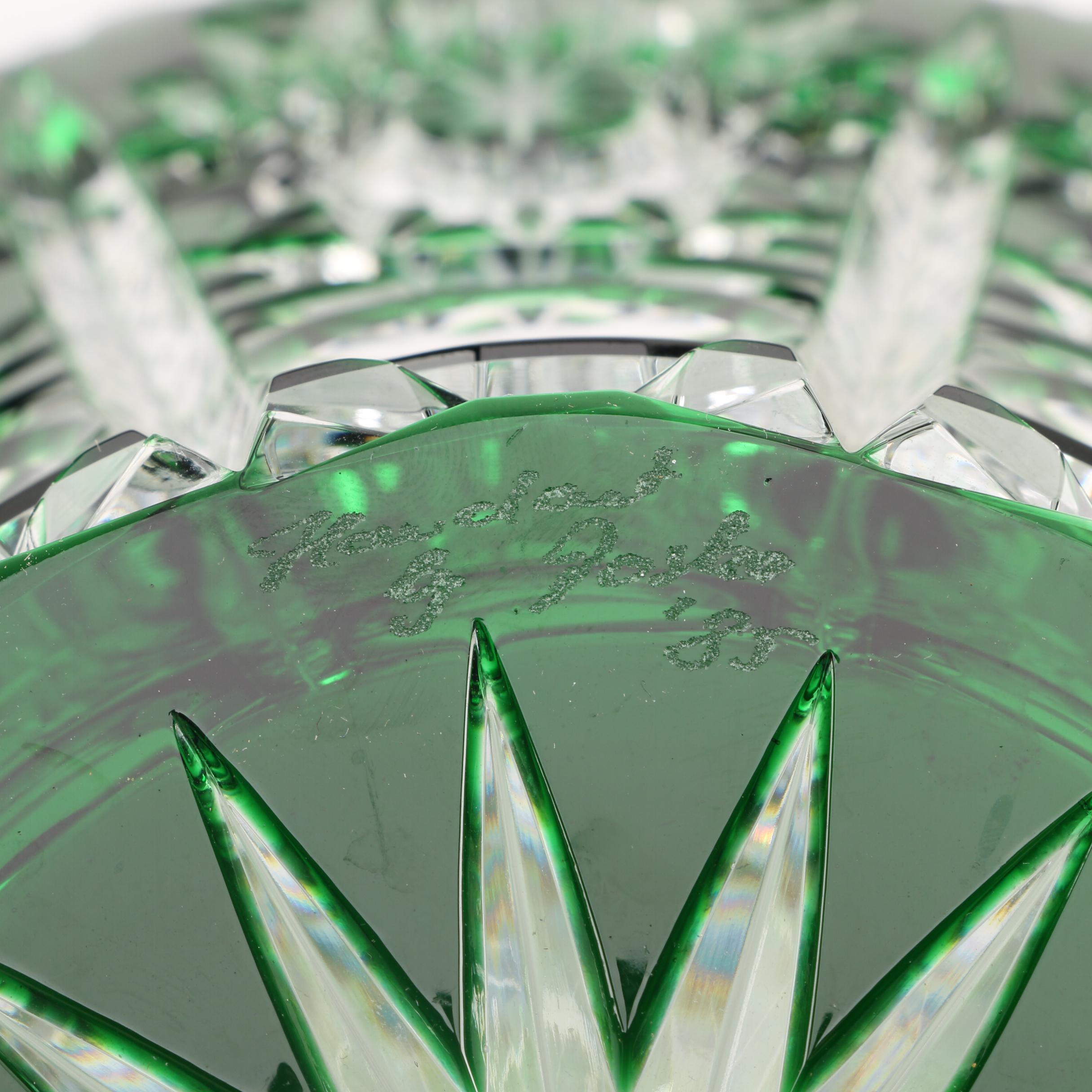 Bohemian Green Cut to Clear Crystal Bowl