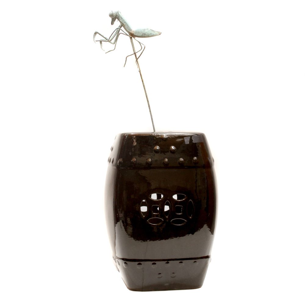 Ceramic Garden Stool with Metal Cricket Garden Stake Ornament