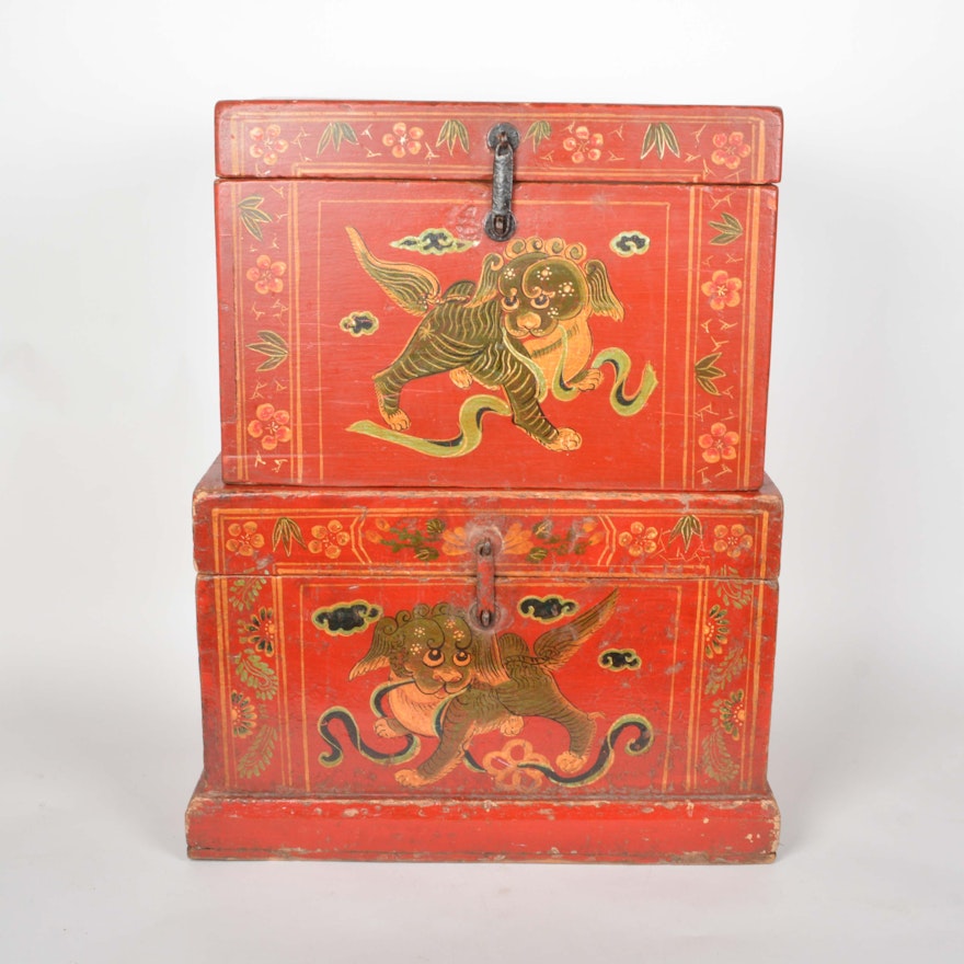 Chinese Red Lacquered Chests with Hand Painted Dragon