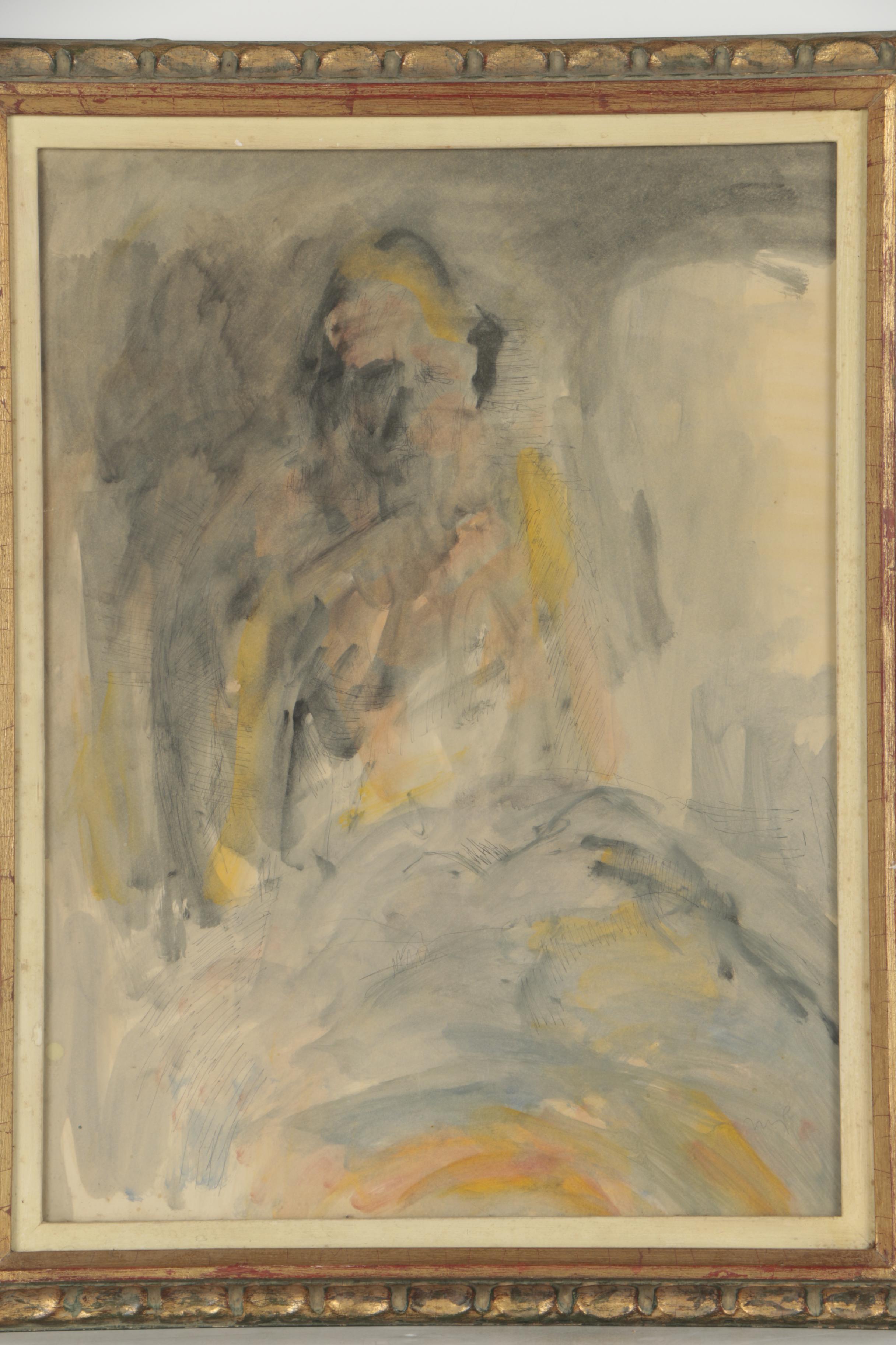 M.P. Late 20th Century Ink and Watercolor Painting of Abstract Portrait