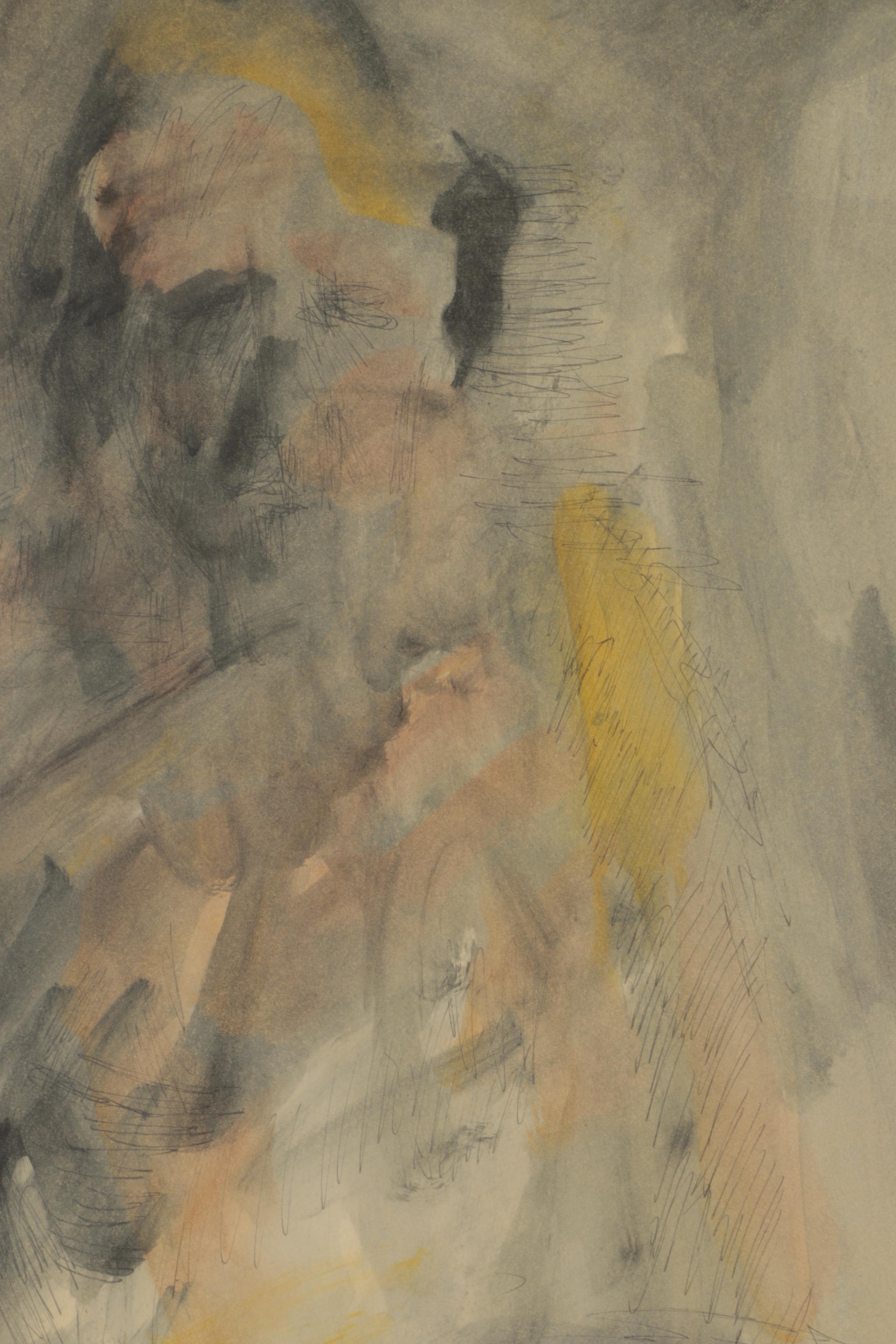 M.P. Late 20th Century Ink and Watercolor Painting of Abstract Portrait