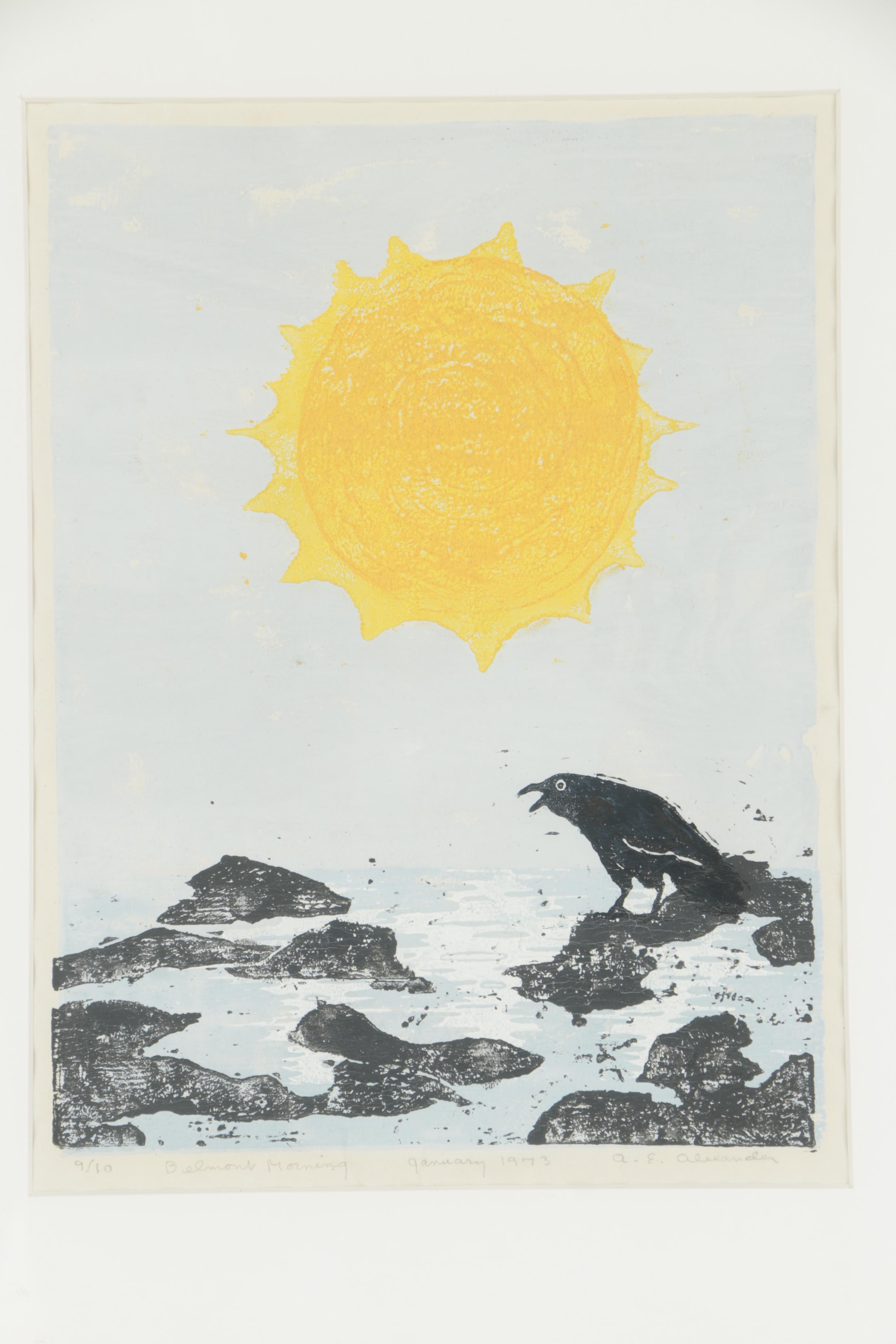 A.E. Alexander 1973 Woodcut Print "Belmont Morning"
