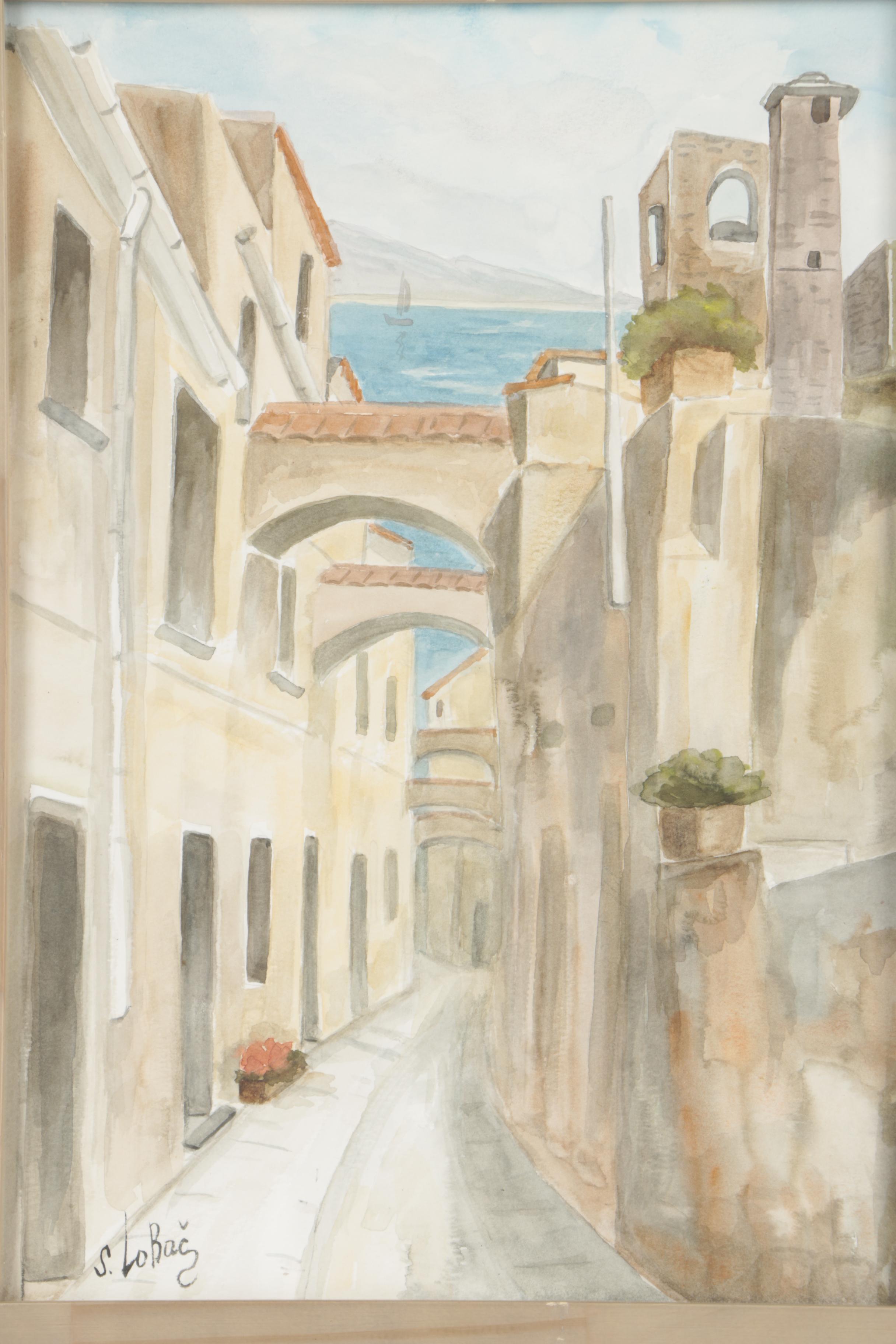 S. Lobač Watercolor Painting of a Town Street