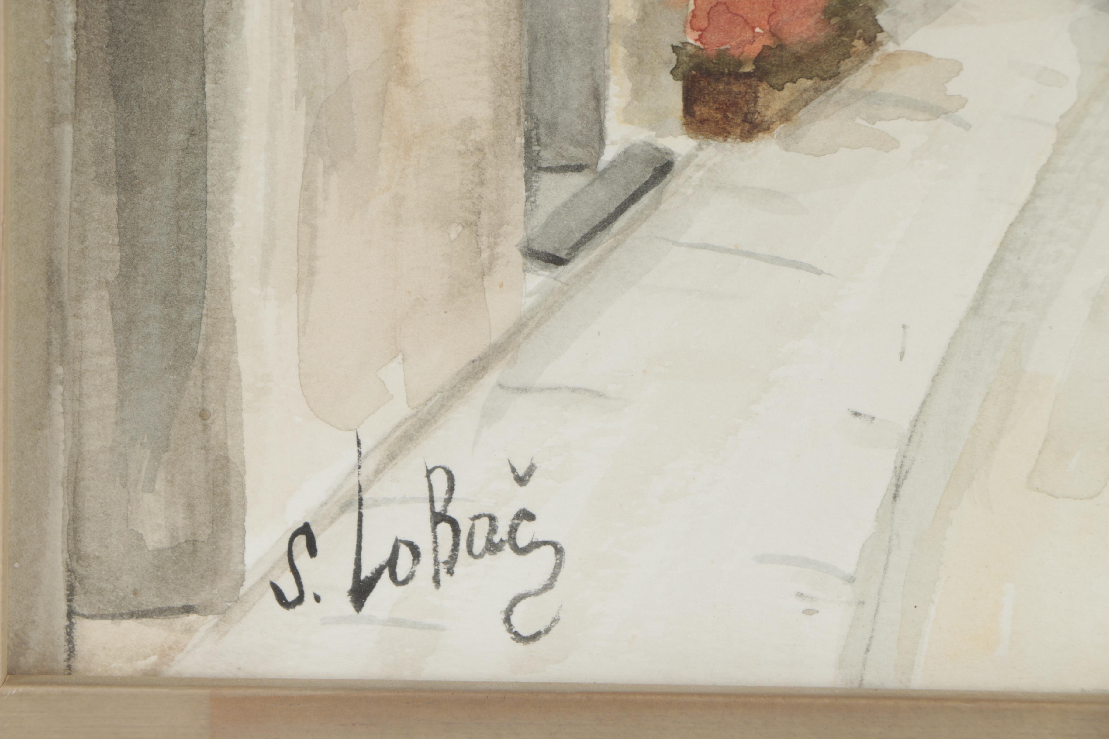 S. Lobač Watercolor Painting of a Town Street