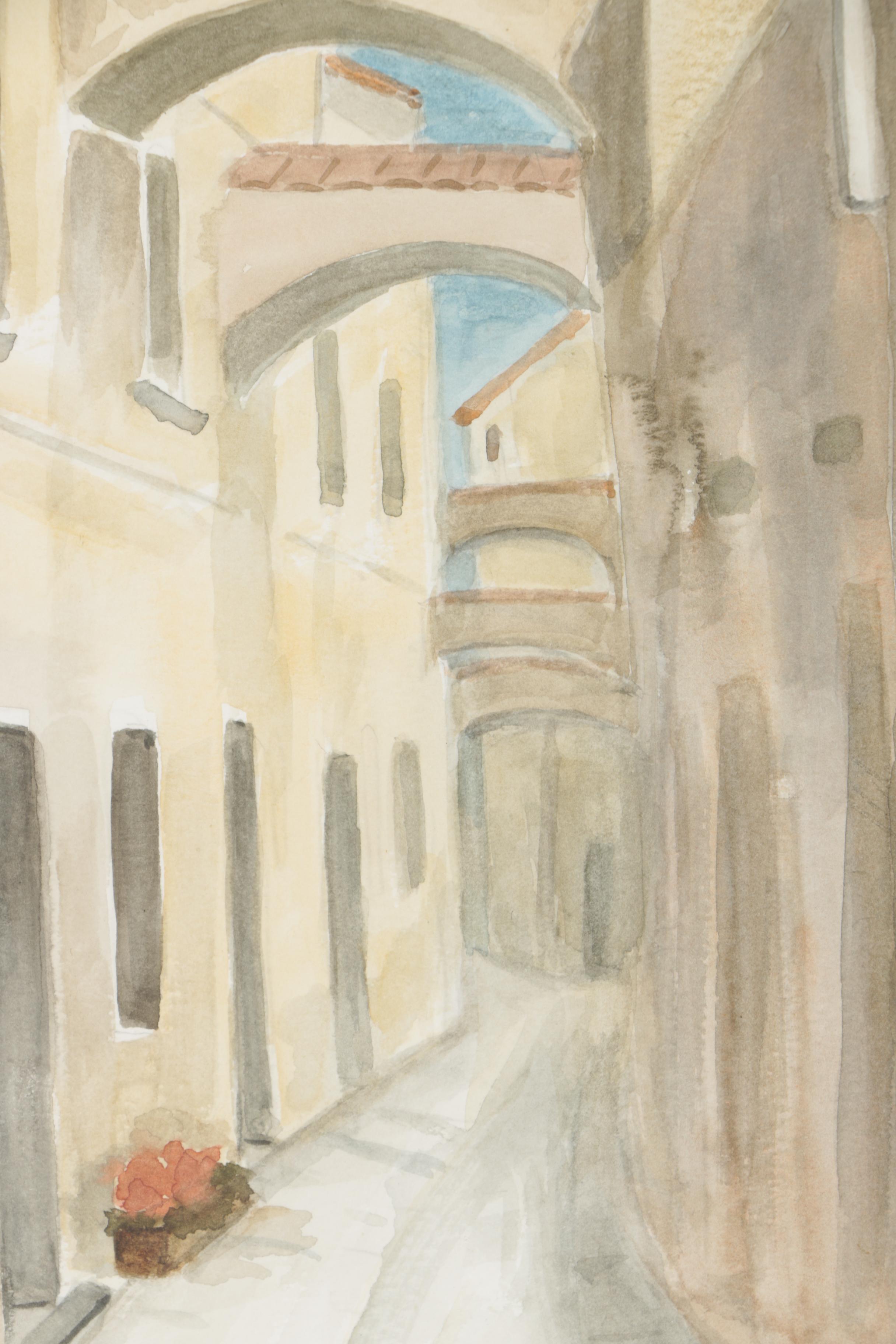 S. Lobač Watercolor Painting of a Town Street
