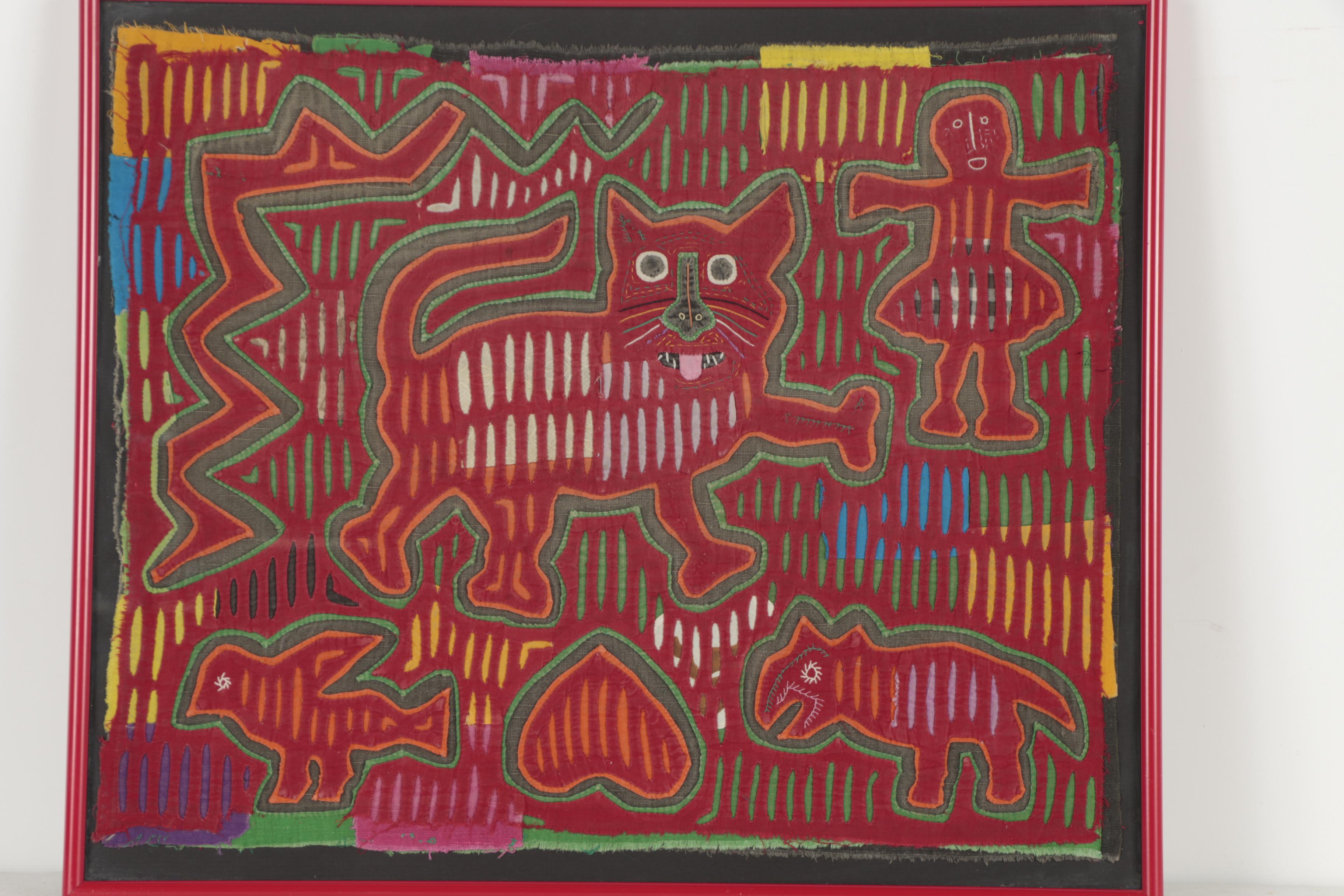 Guna Embroidered Mola Textile of a Cat, Figure, and Birds