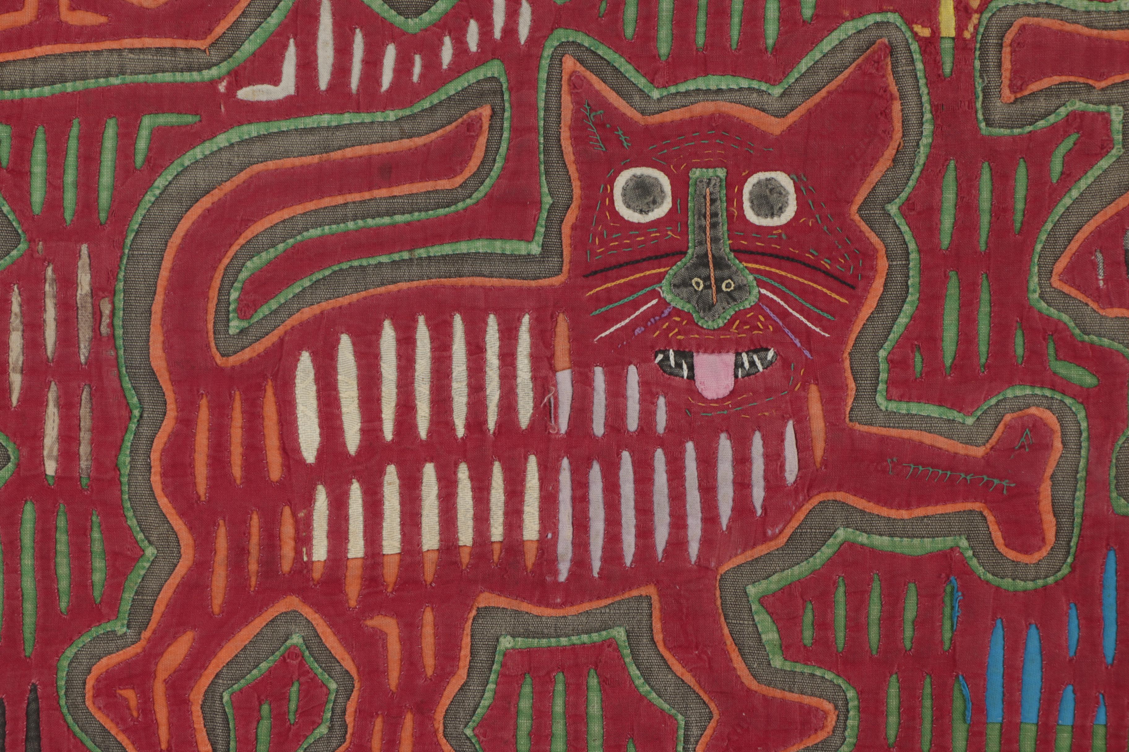 Guna Embroidered Mola Textile of a Cat, Figure, and Birds