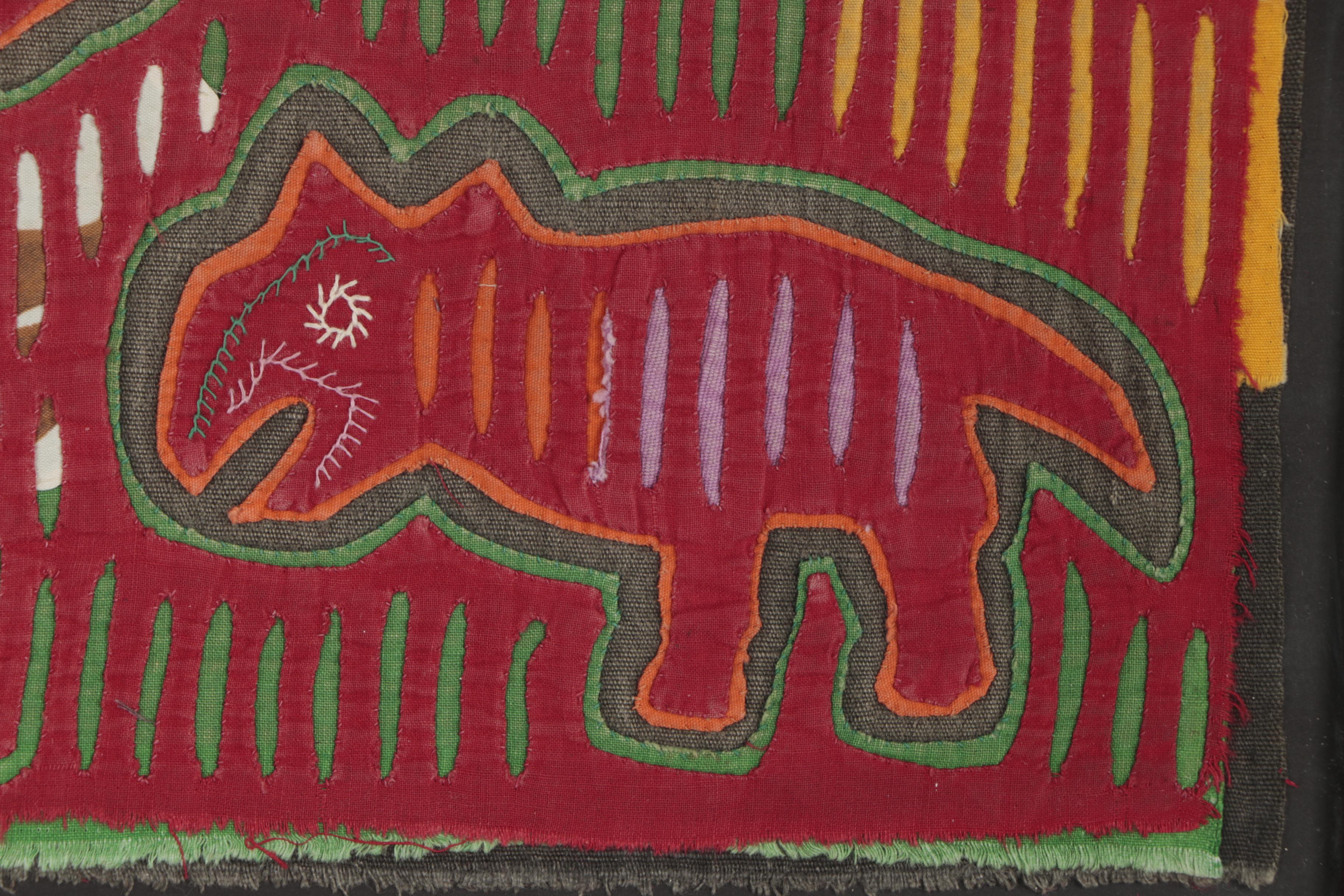 Guna Embroidered Mola Textile of a Cat, Figure, and Birds