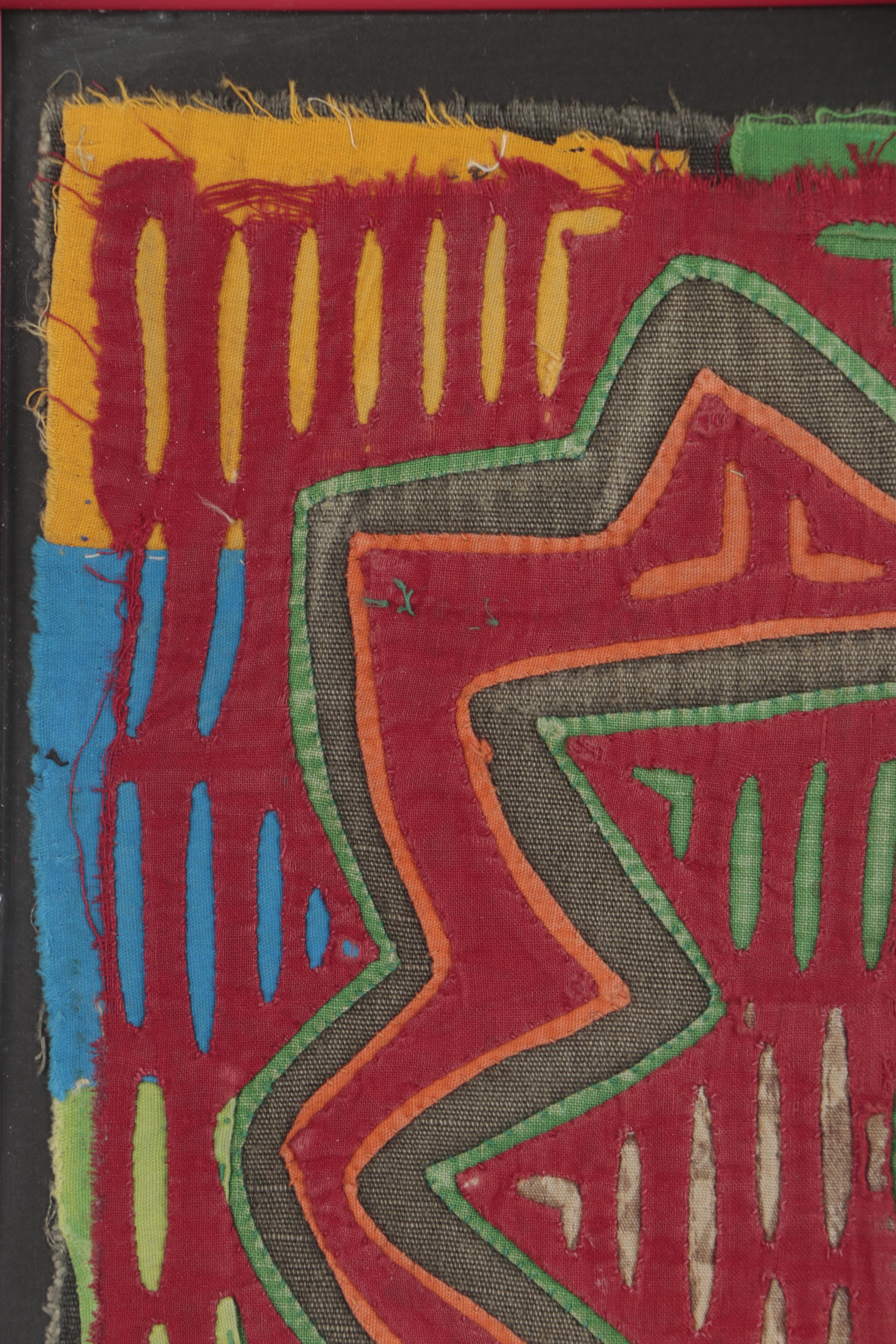 Guna Embroidered Mola Textile of a Cat, Figure, and Birds