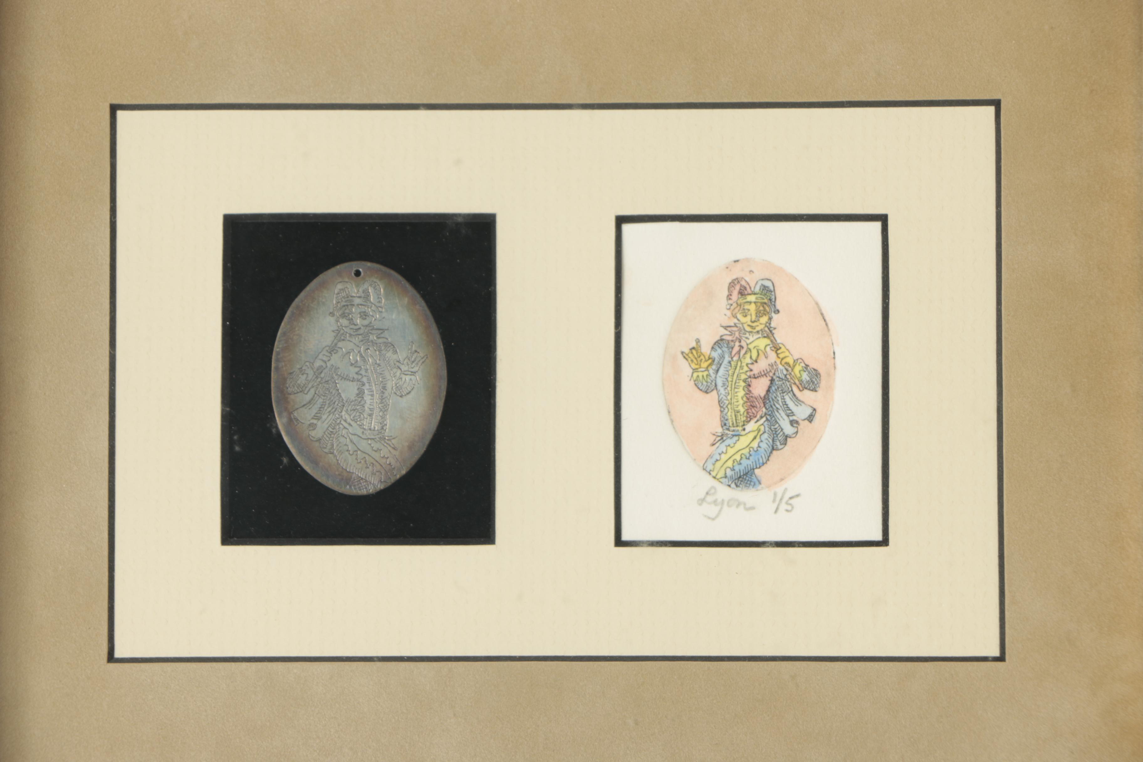 Nancy Lyon Hand Colored Etching "Tarot Cards Swiss Deck: Jester - Foolhardiness"