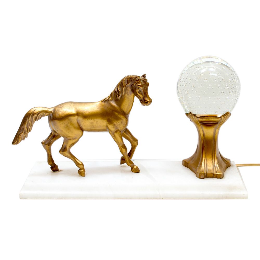 Vintage French-Style Art Deco Horse and Glass Orb Accent Lamp