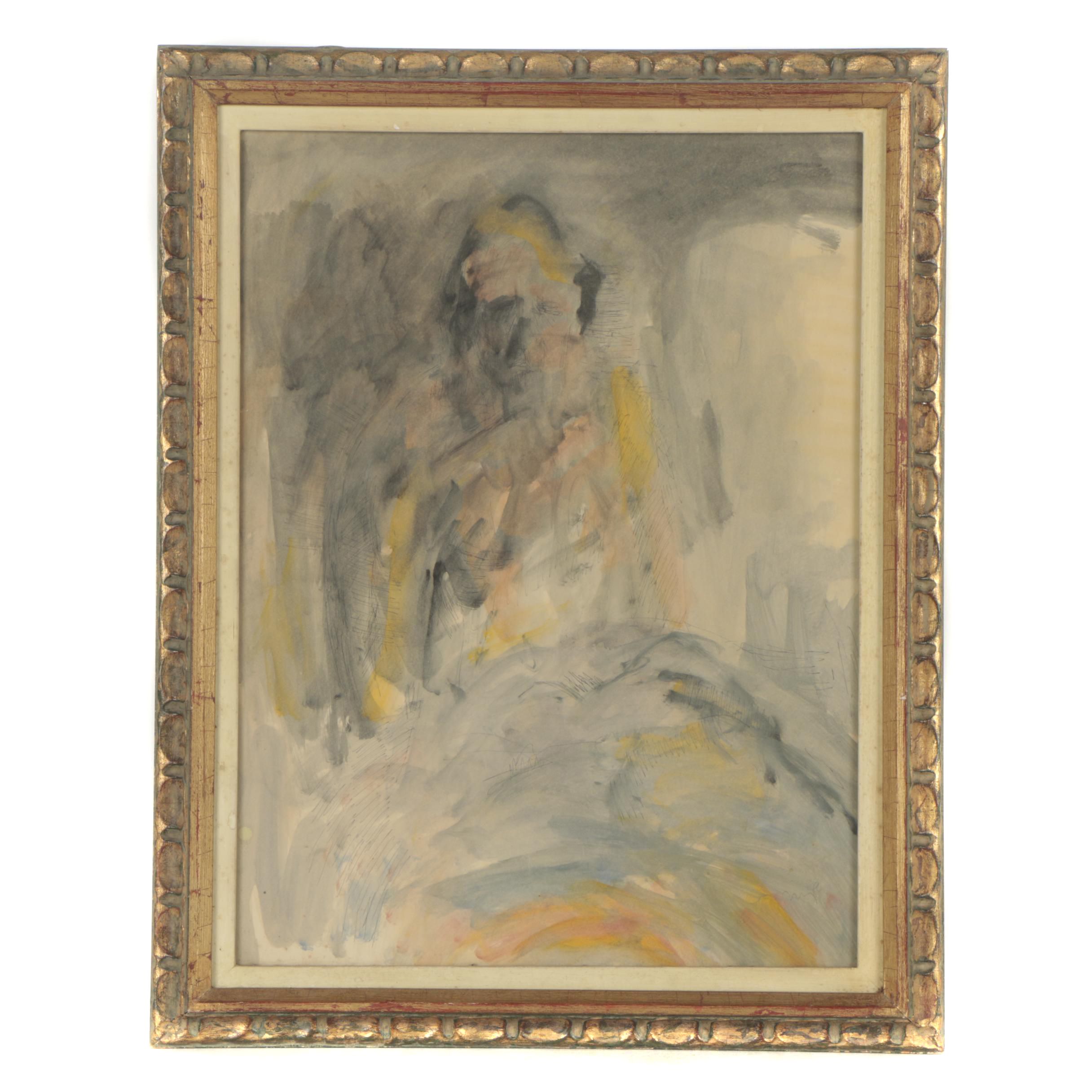 M.P. Late 20th Century Ink and Watercolor Painting of Abstract Portrait