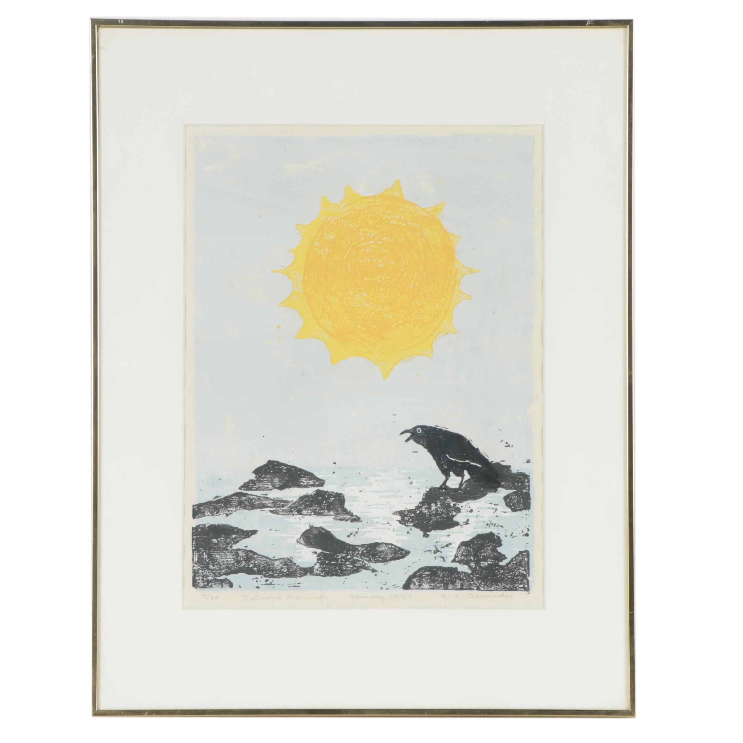 A.E. Alexander 1973 Woodcut Print "Belmont Morning"