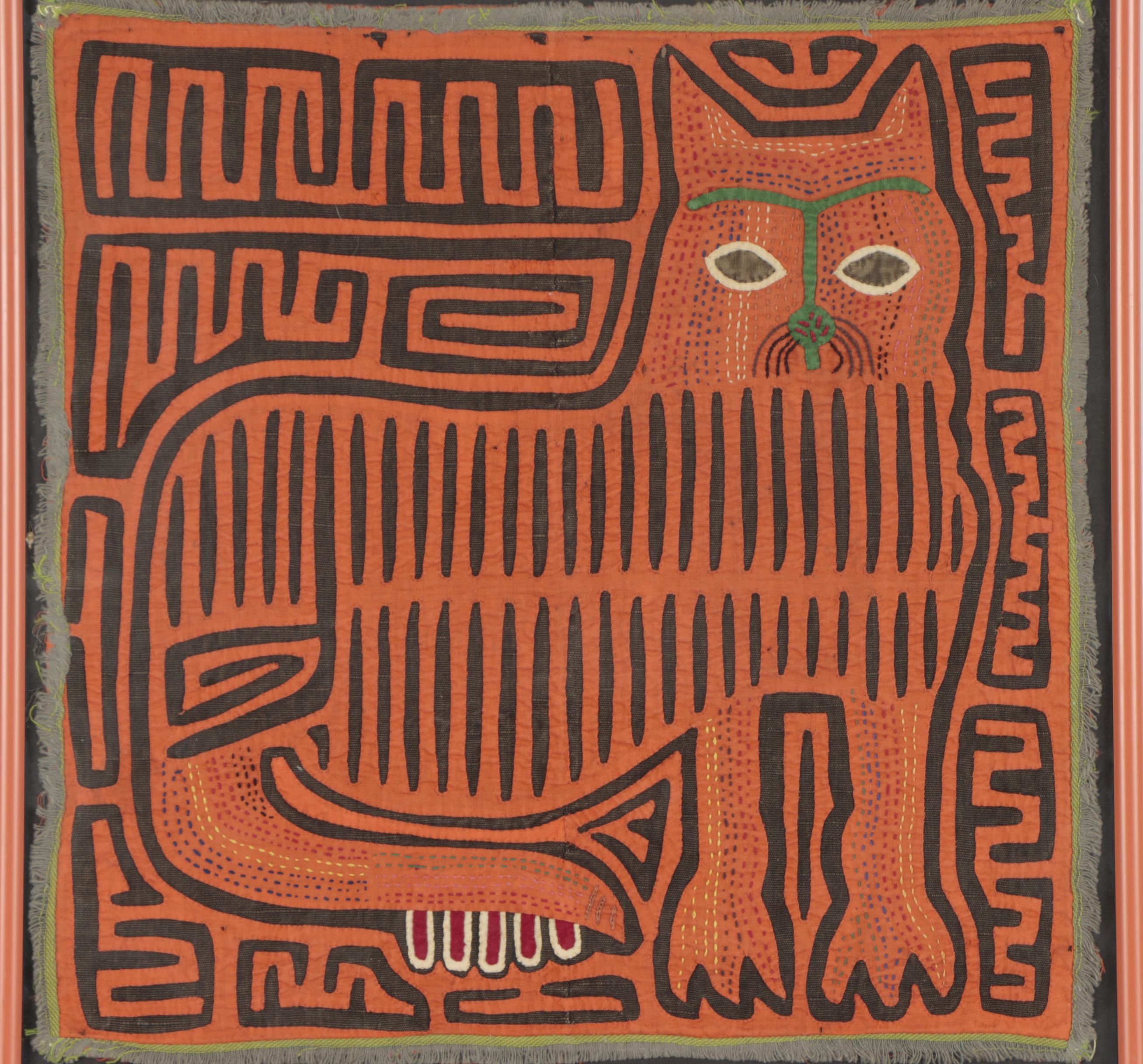 Framed Mola Style Tapestry of Cat