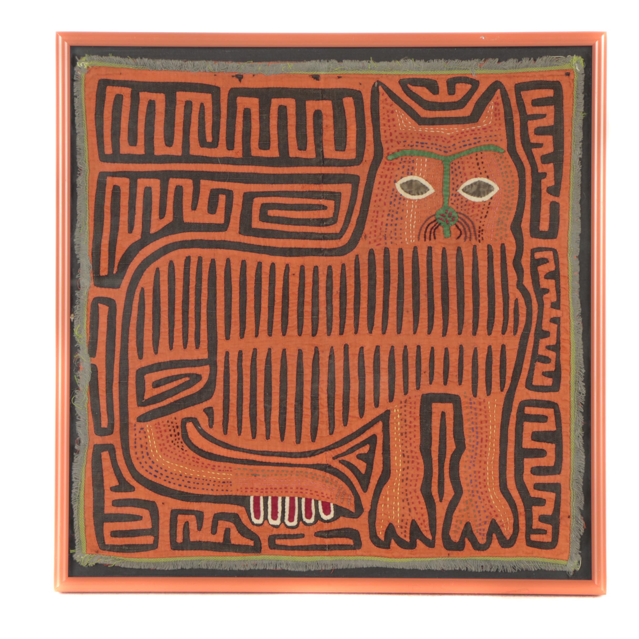 Framed Mola Style Tapestry of Cat