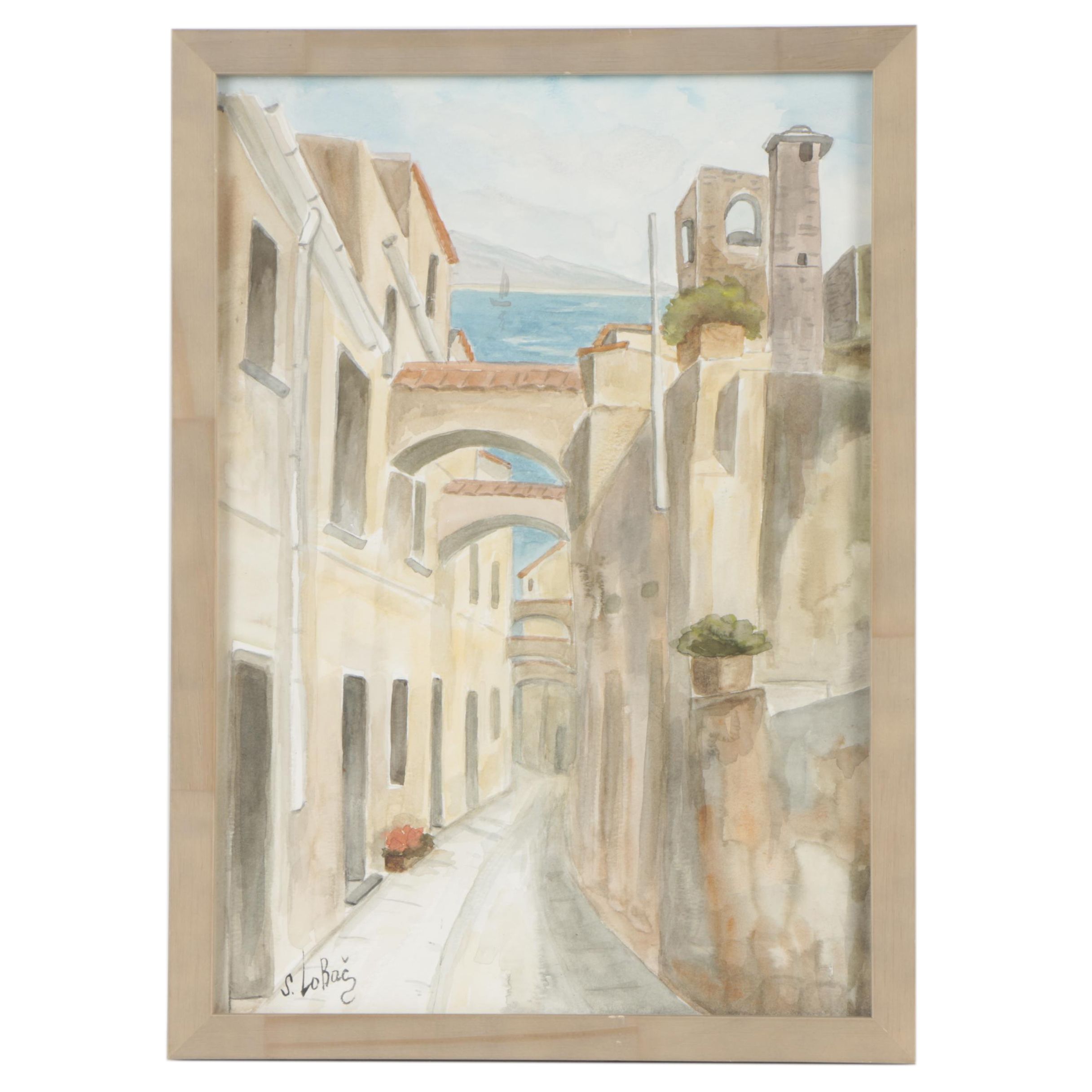 S. Lobač Watercolor Painting of a Town Street