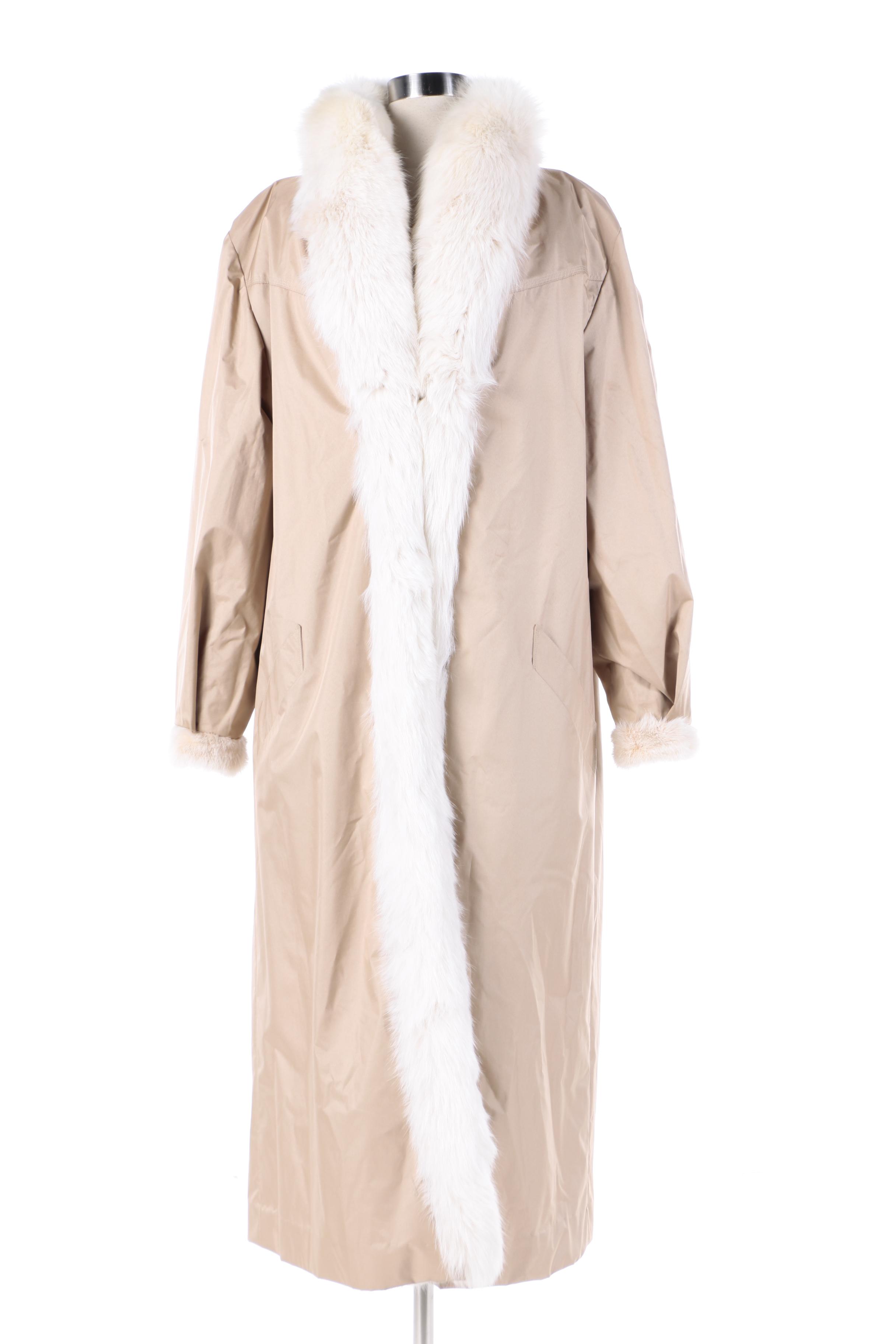 Women's Reversible Platinum Mink Fur Coat with Fox Fur Tuxedo Collar