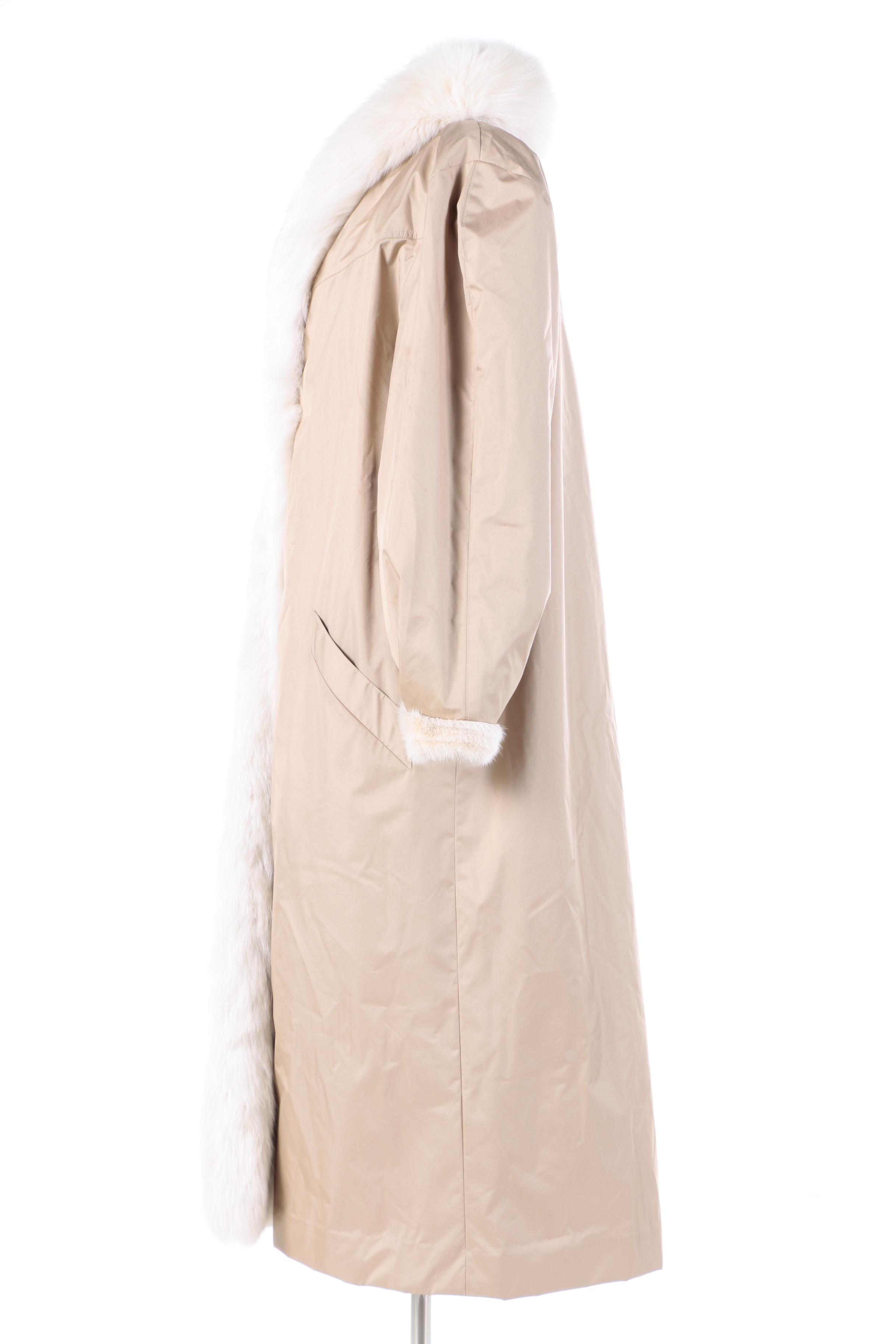 Women's Reversible Platinum Mink Fur Coat with Fox Fur Tuxedo Collar