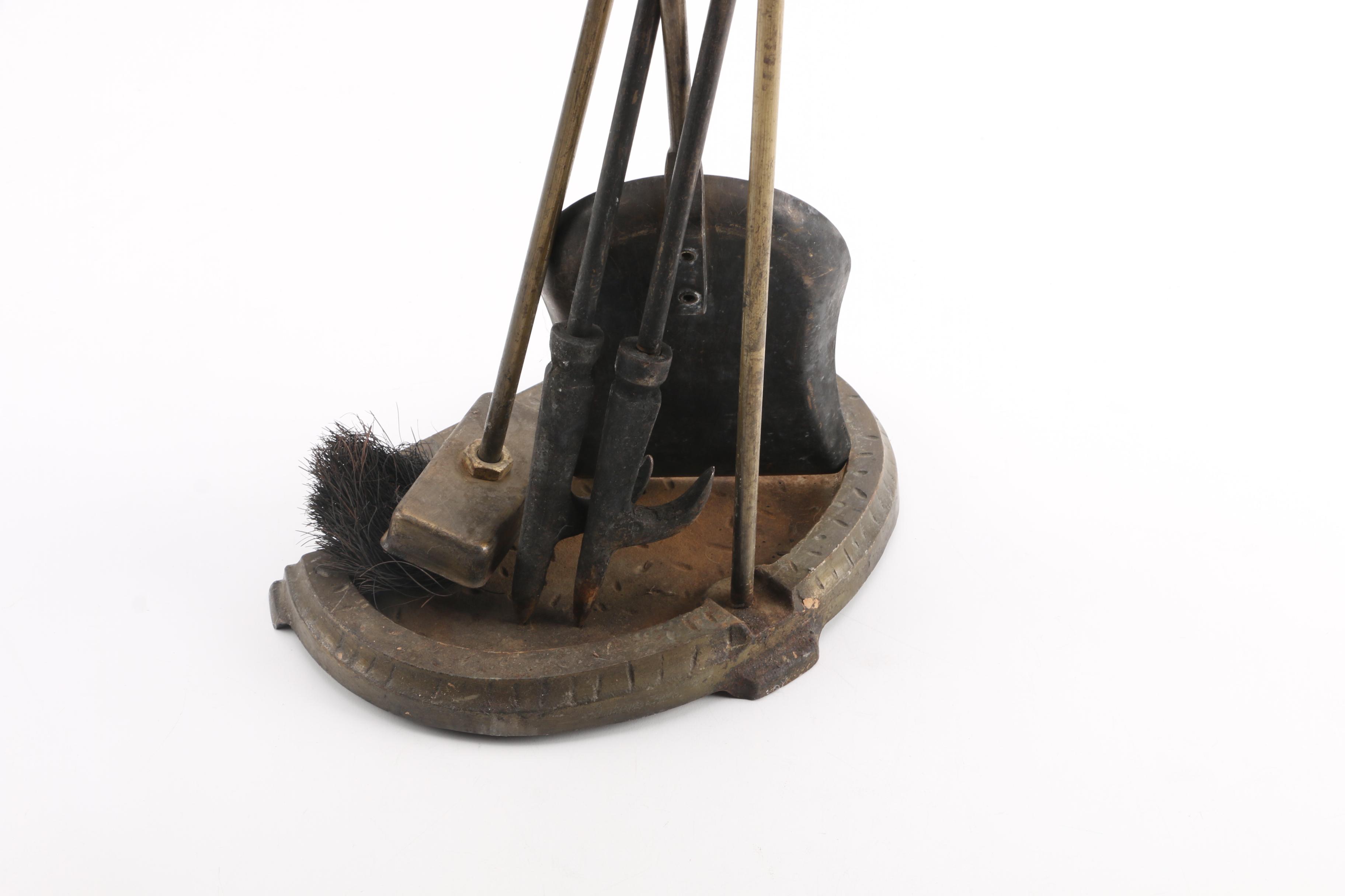 Brass Tone Victorian Style Fireplace Tools and Stand