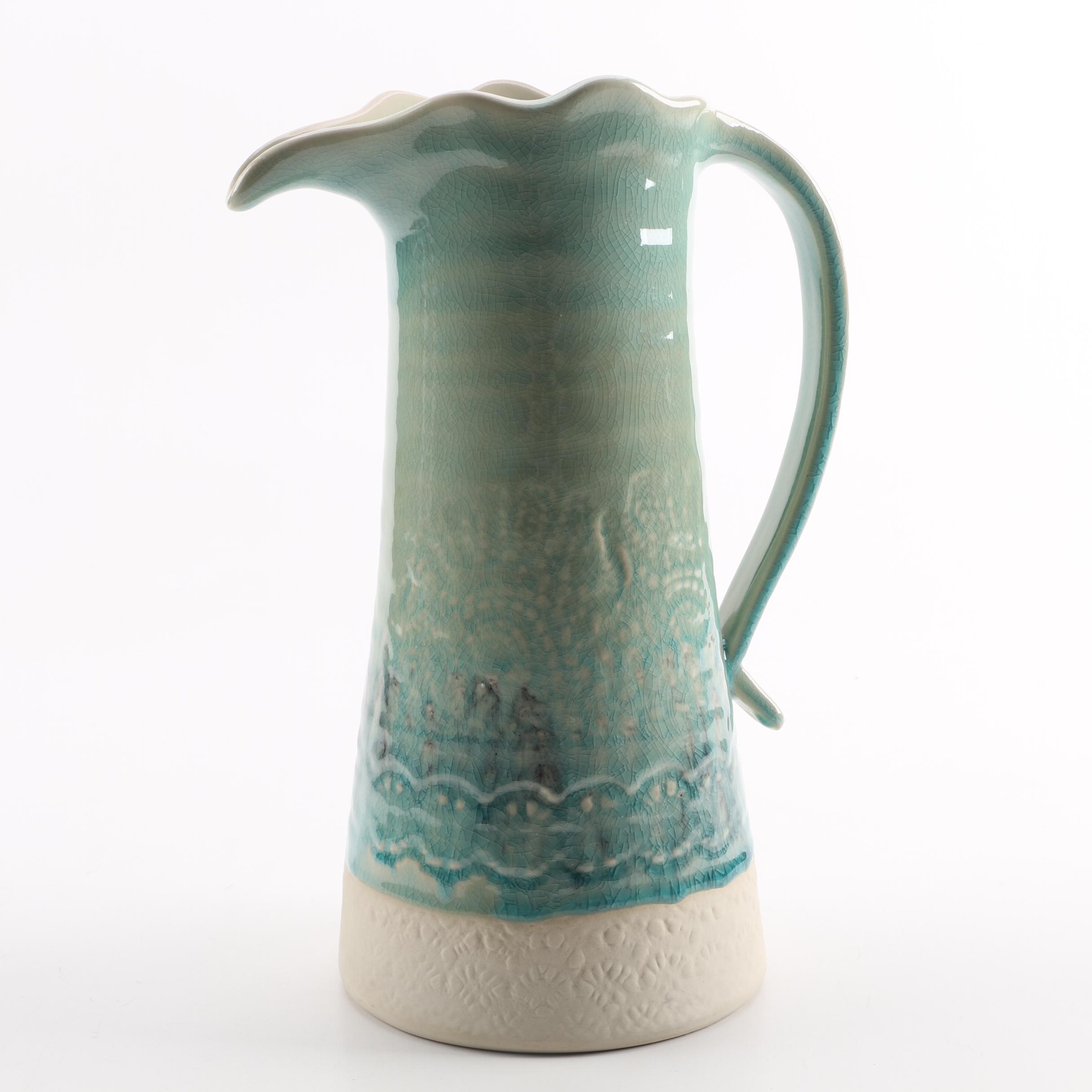 Hand-Thrown and Embossed Ceramic Pitcher