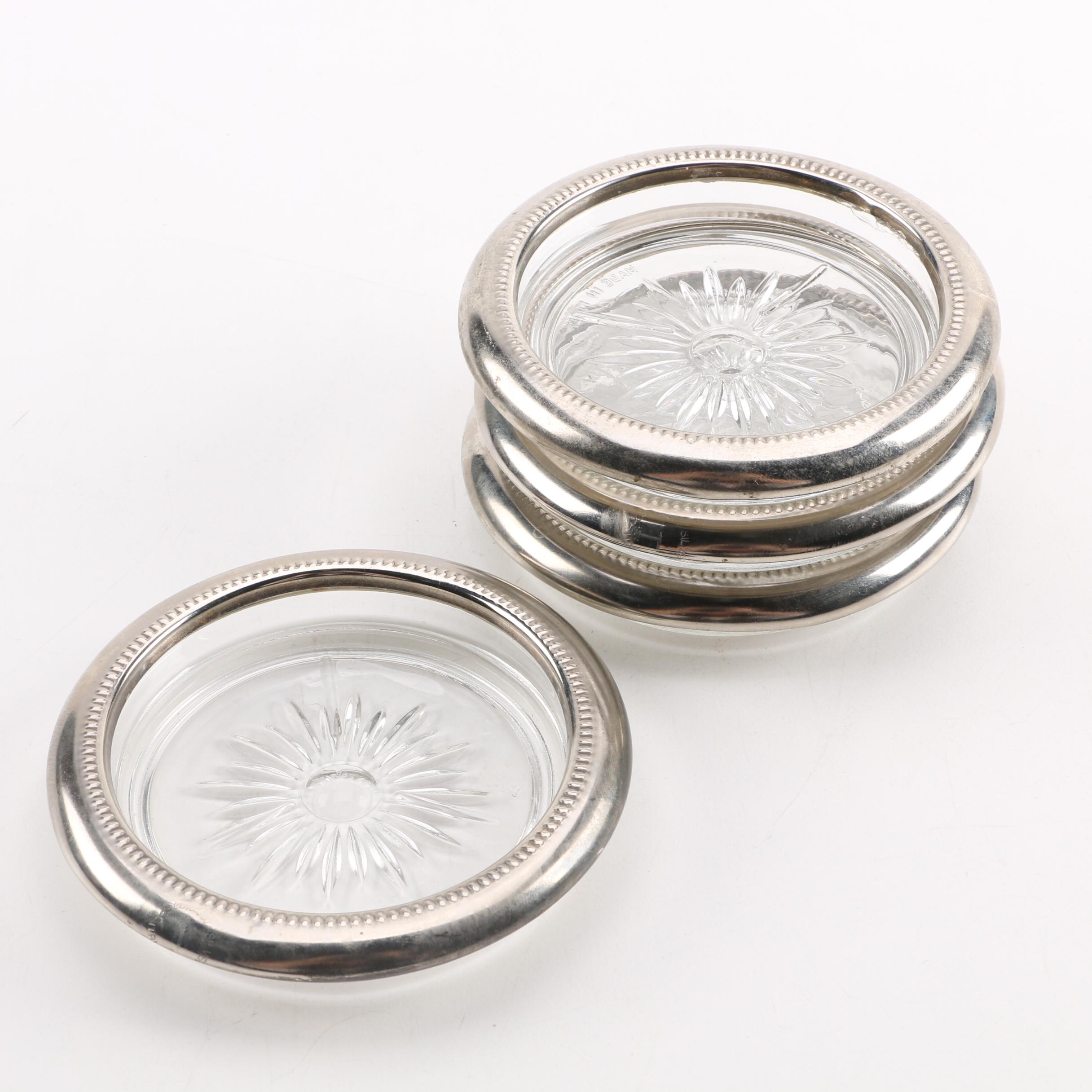 Leonard Silver Plate Rimmed Glass Coasters
