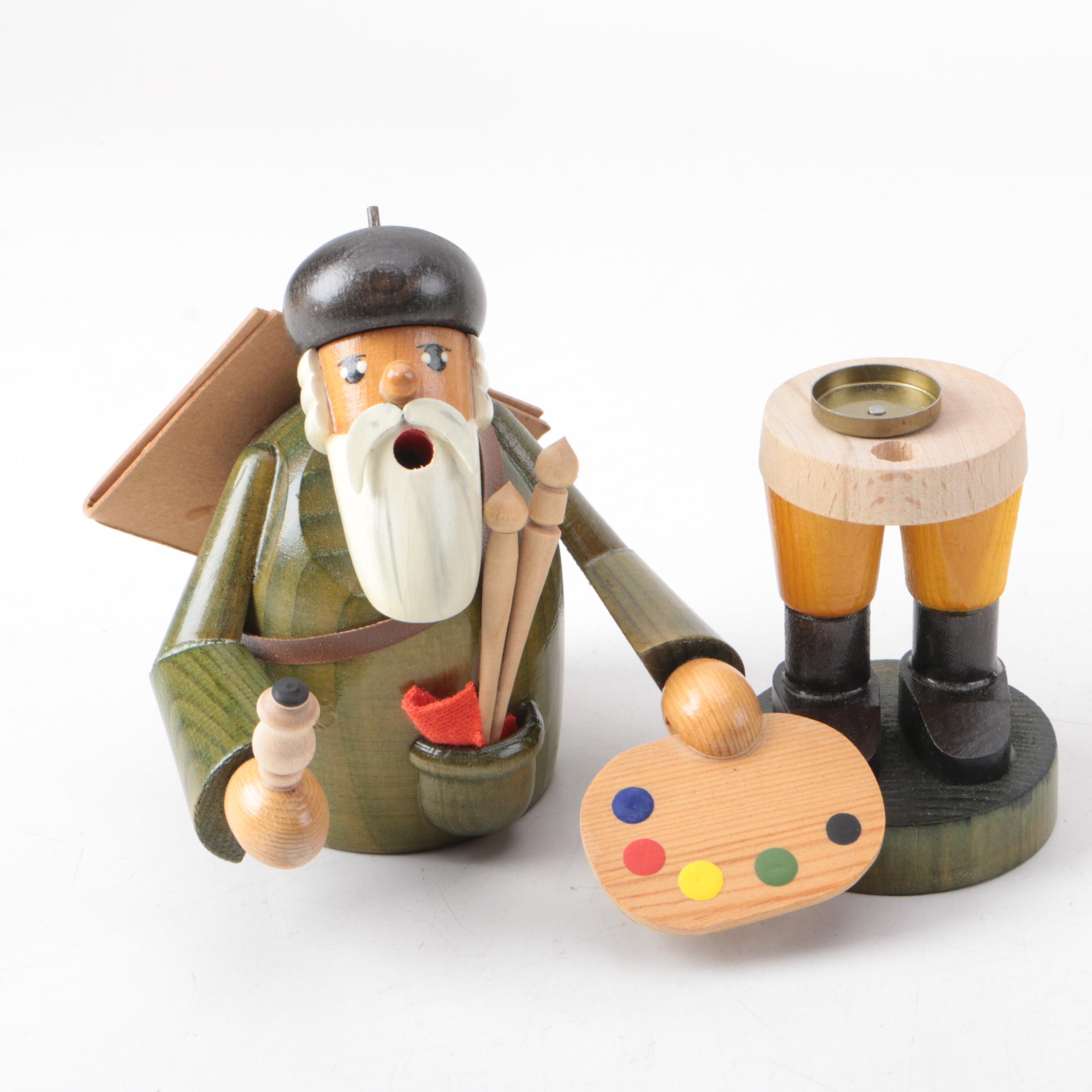 German Incense Smoker "Artist" and "Gardener" Wood Figurines