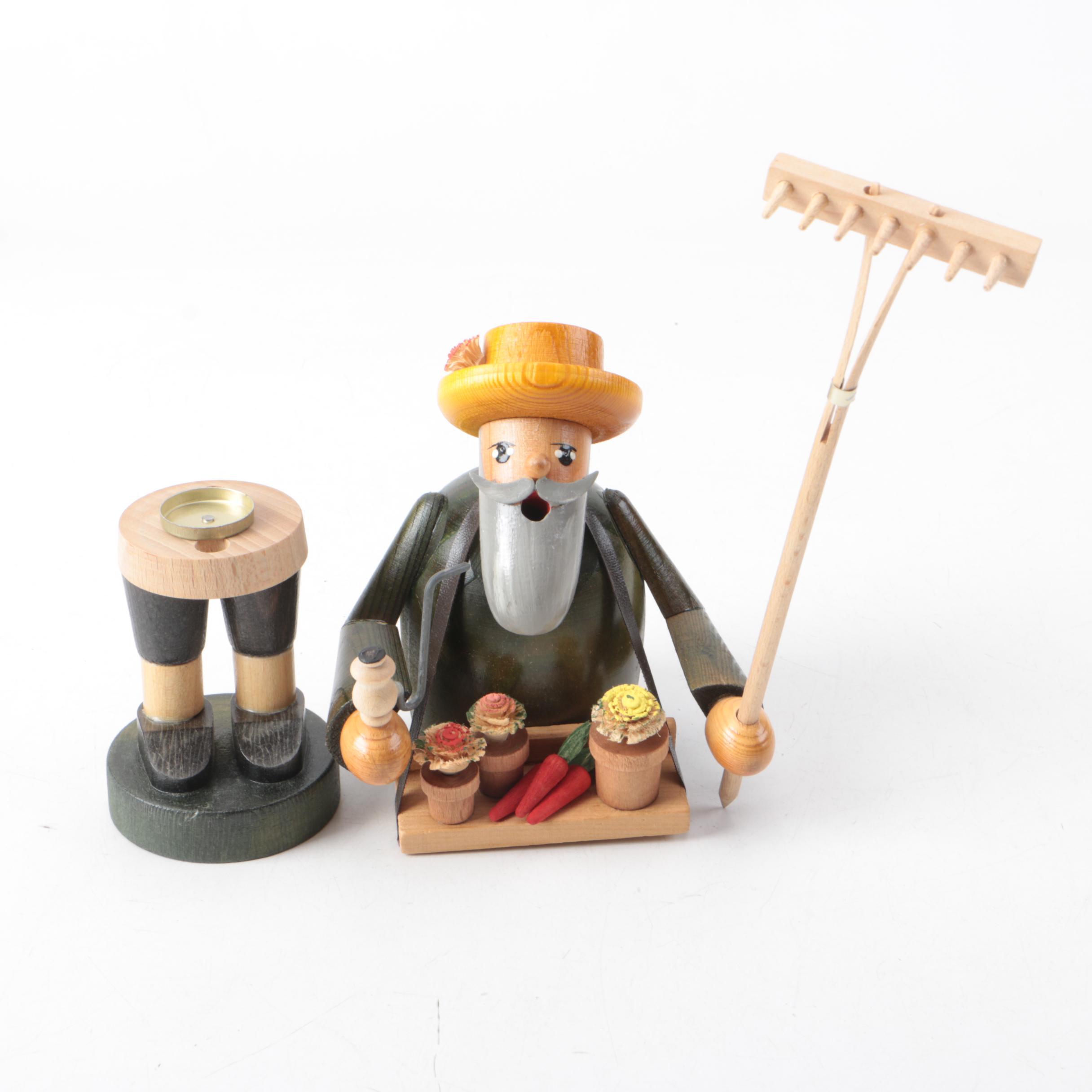 German Incense Smoker "Artist" and "Gardener" Wood Figurines