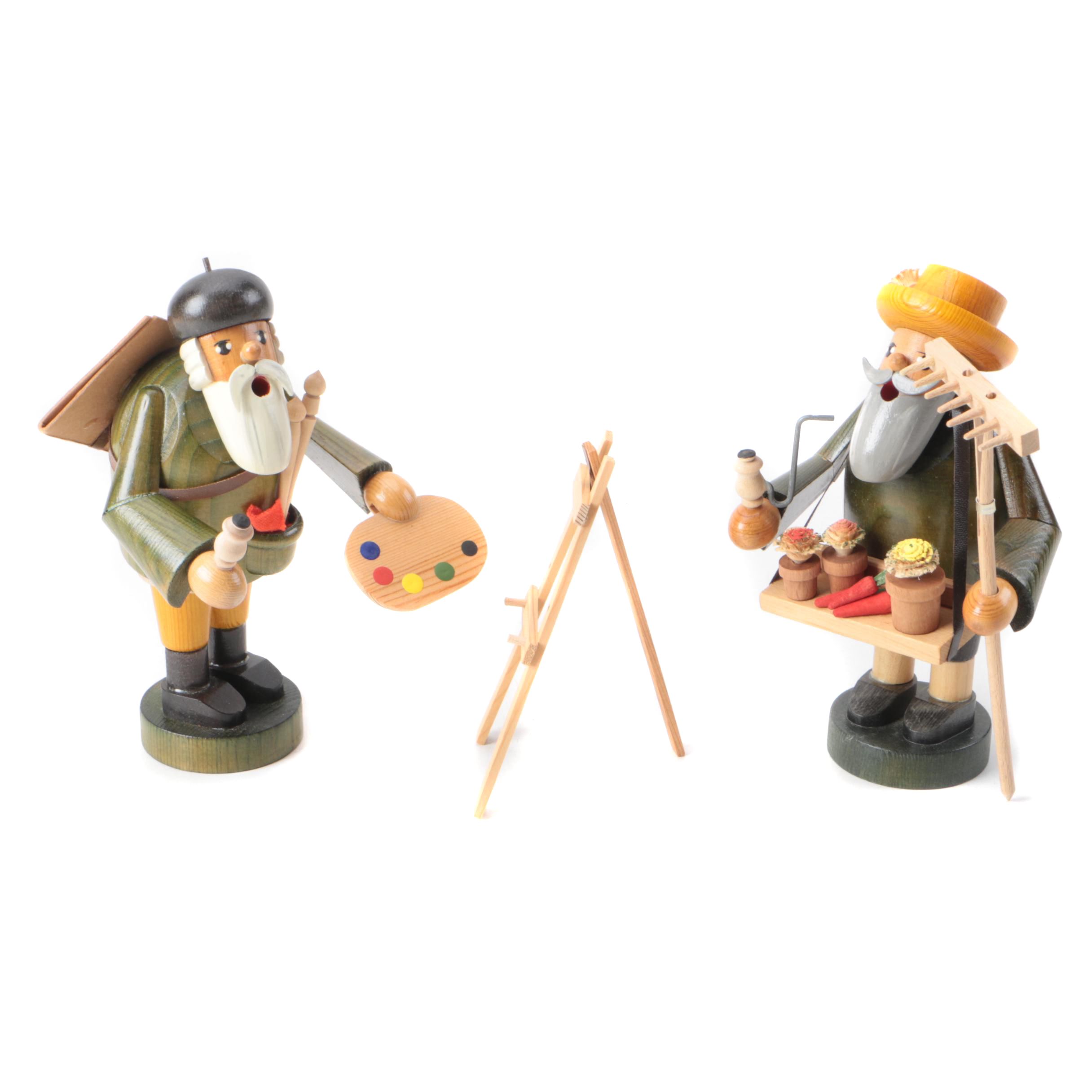 German Incense Smoker "Artist" and "Gardener" Wood Figurines