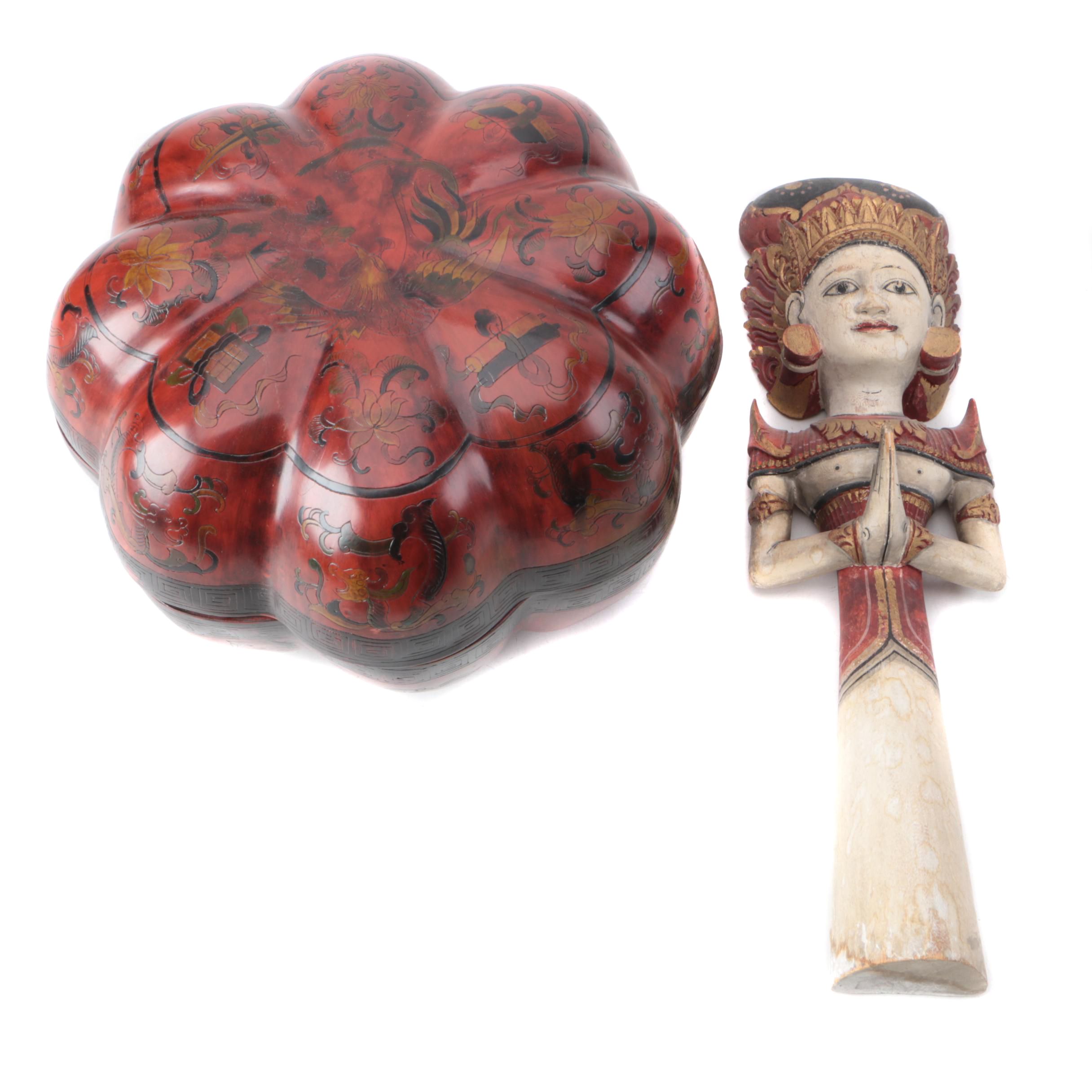 Chinese Carved Wood Box and Indonesian Style Figurine