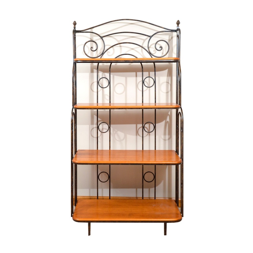 Contemporary Wrought Iron and Cherry "New Orleans" Bakers Rack