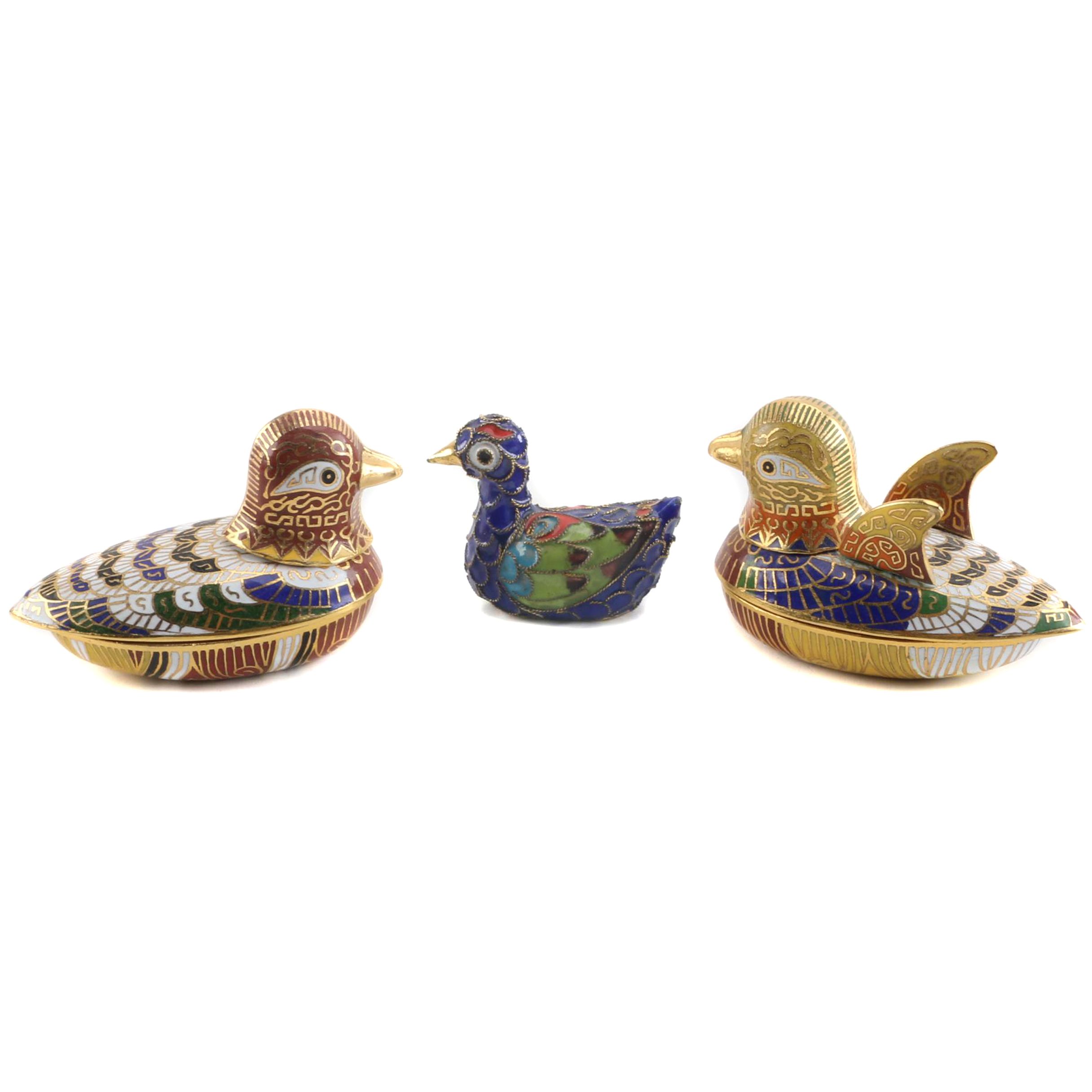 Chinese Cloisonné Bird Shaped Trinket Boxes and Figurine
