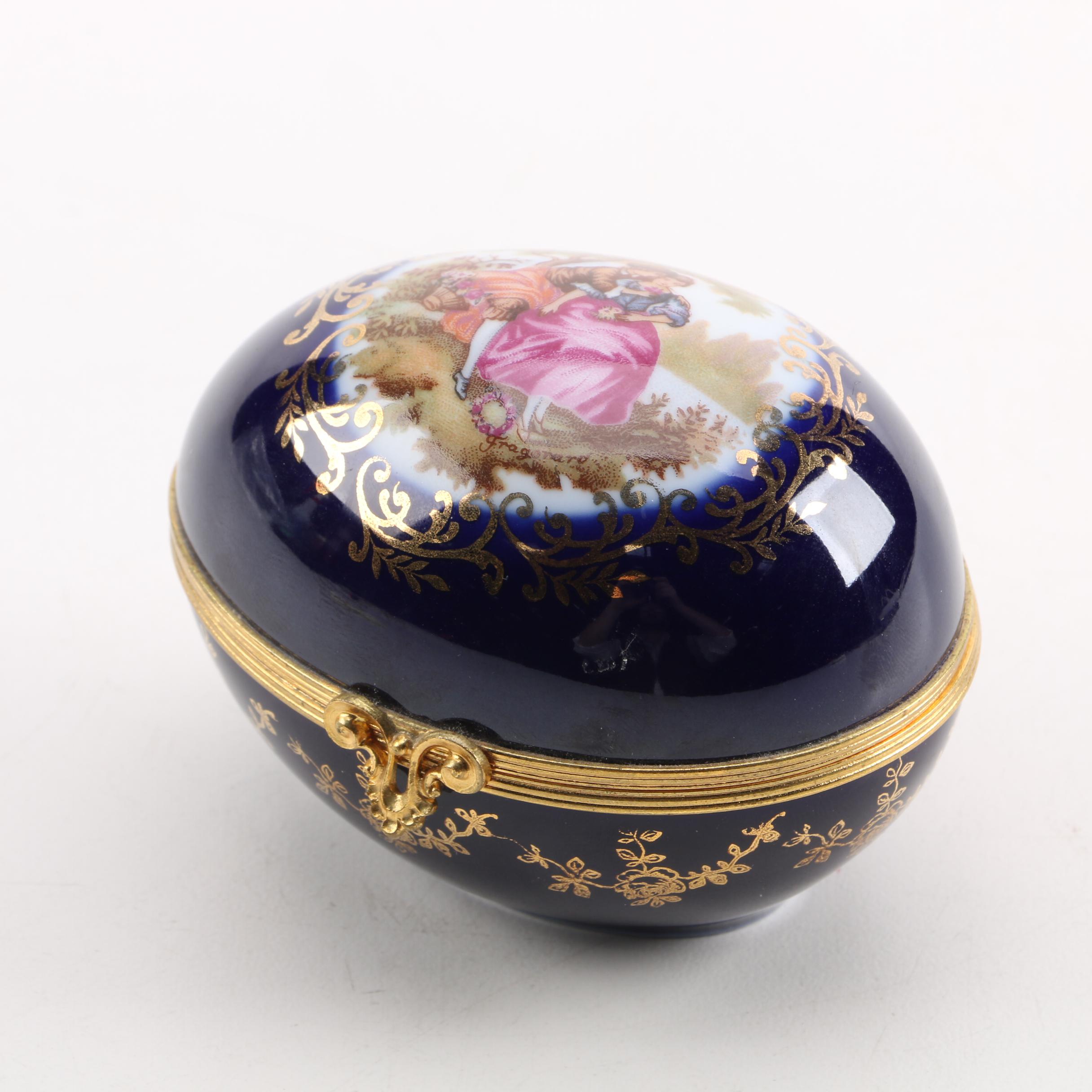 Limoges Dark Blue Glazed Porcelain Egg Trinket Box
